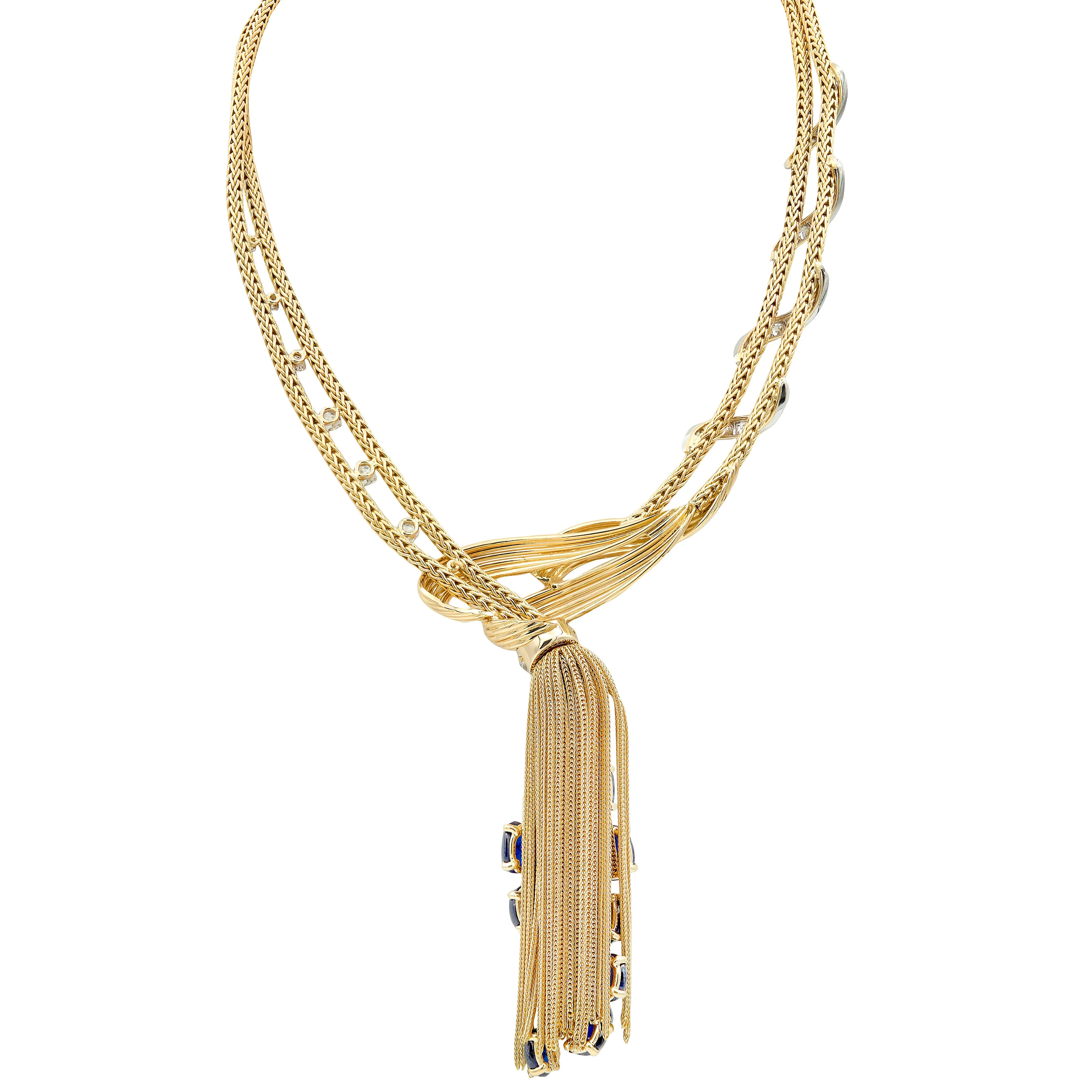 Boucheron Paris 1950's Sapphire Diamond 18 Karat Yellow Gold Platinum Vintage Tassel Necklace - Image 5