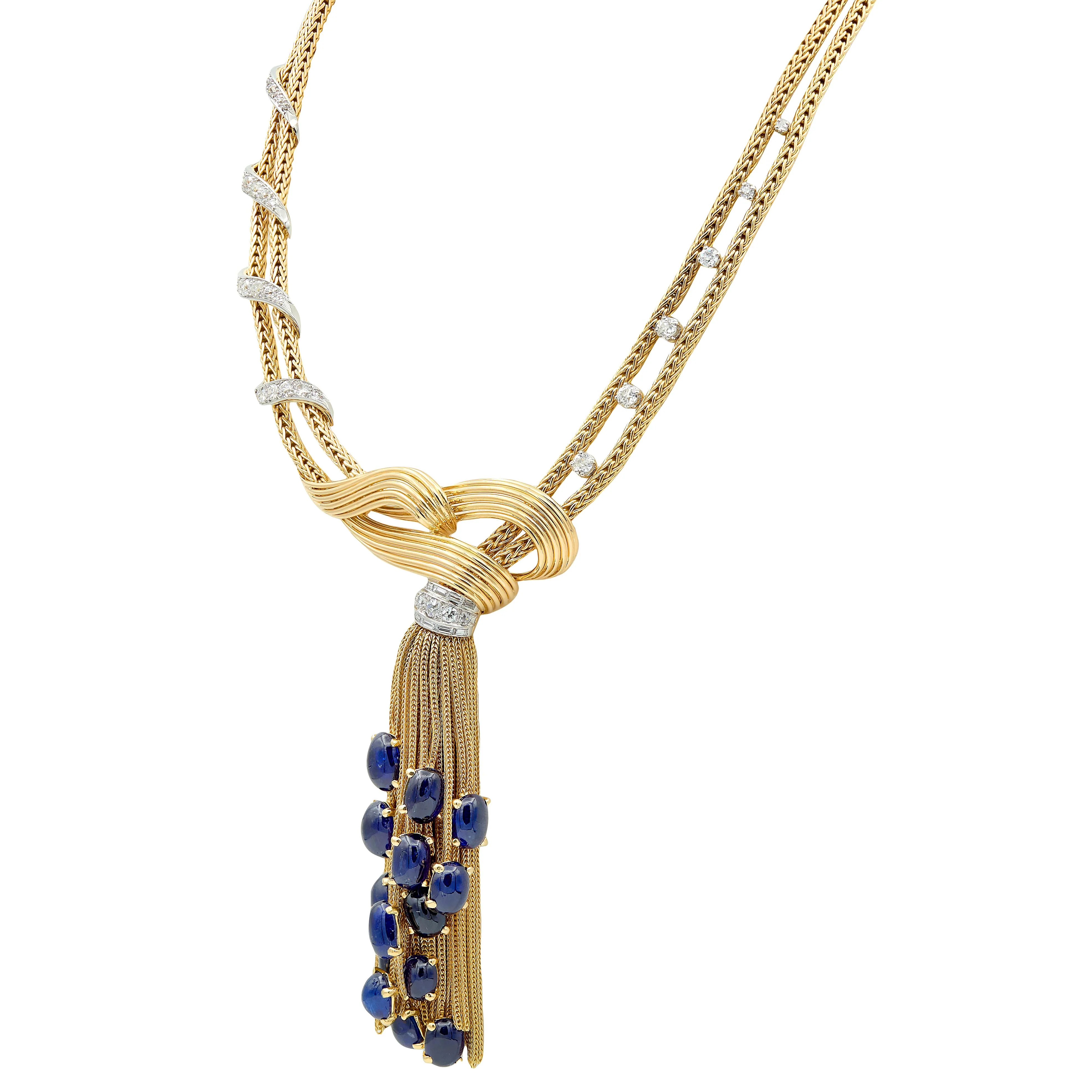 Boucheron Paris 1950's Sapphire Diamond 18 Karat Yellow Gold Platinum Vintage Tassel Necklace - Image 6