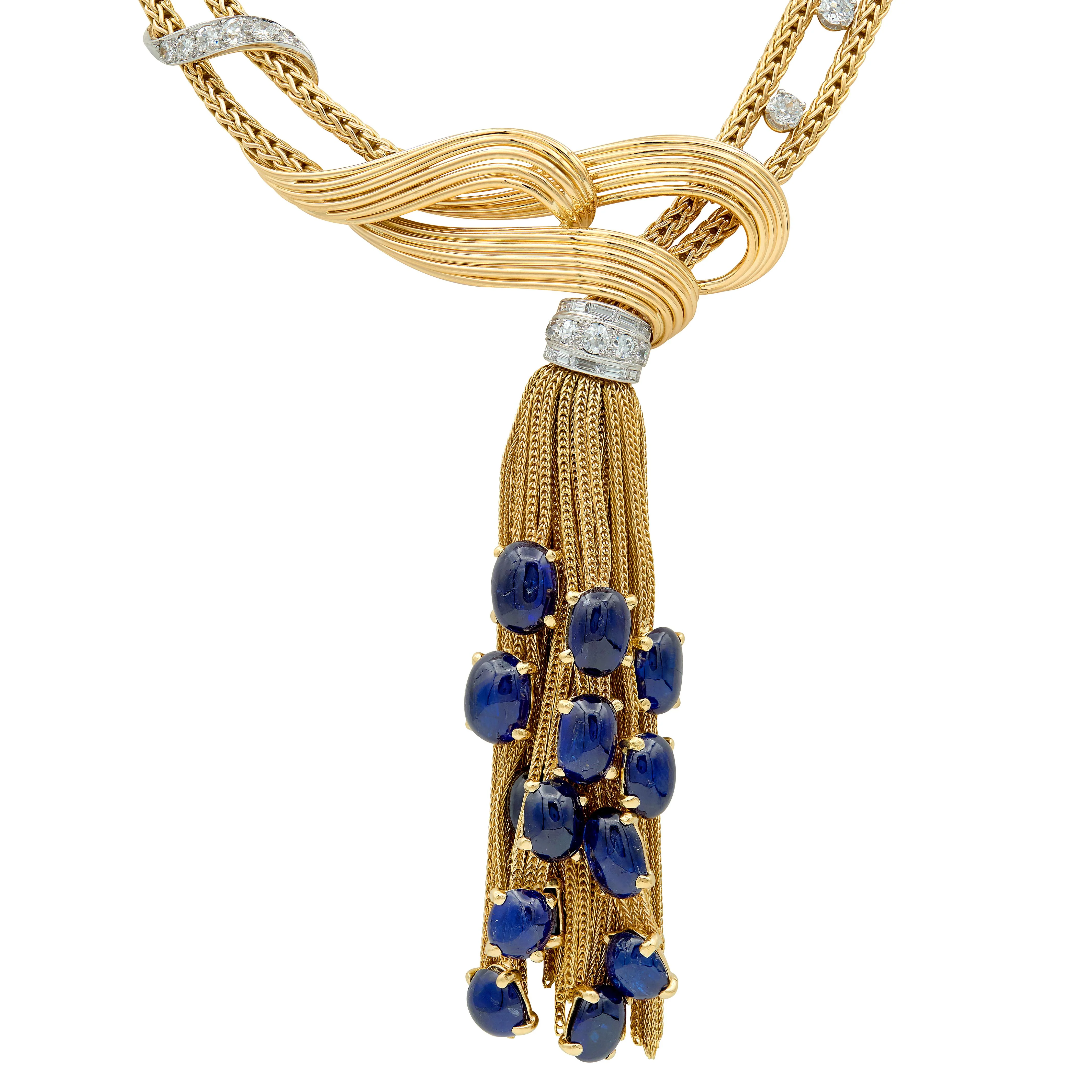 Boucheron Paris 1950's Sapphire Diamond 18 Karat Yellow Gold Platinum Vintage Tassel Necklace - Image 8