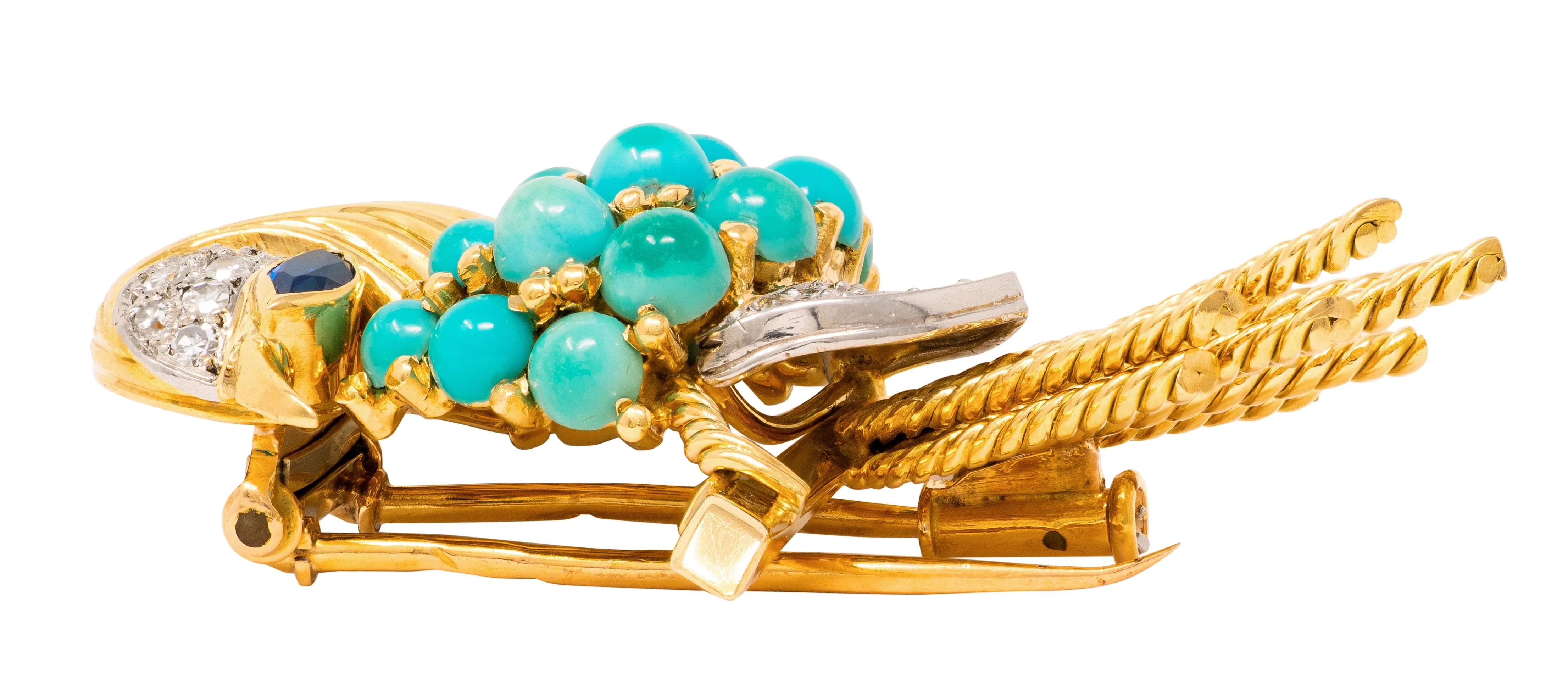 Boucheron Paris 1960's Turquoise Diamond Sapphire 18 Karat Gold Platinum Vintage Bird Brooch - Image 10