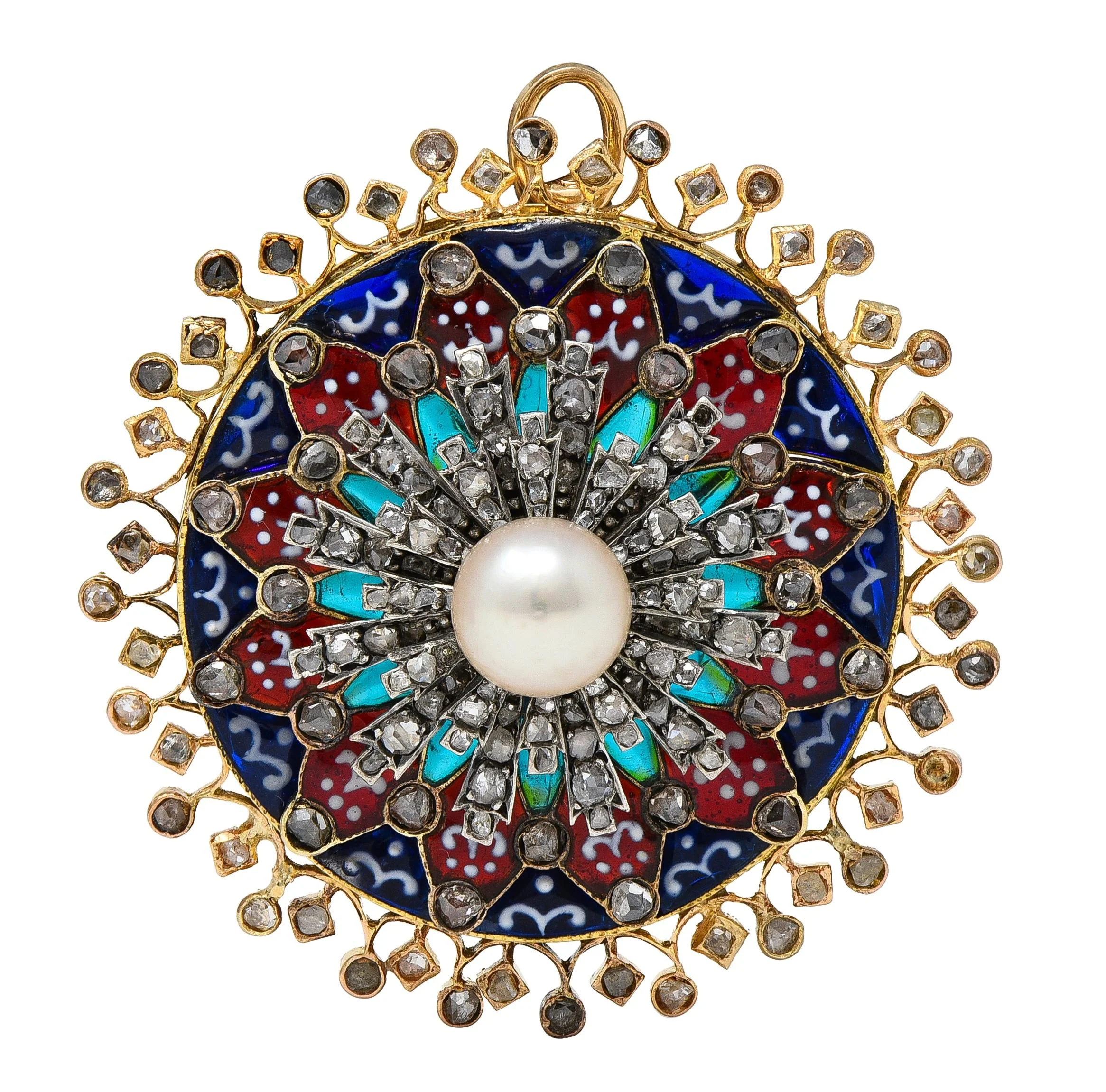 Boucheron Victorian Diamond Pearl Enamel Silver 18 Karat Yellow Gold Antique Rose Window Pendant Brooch - Image 10