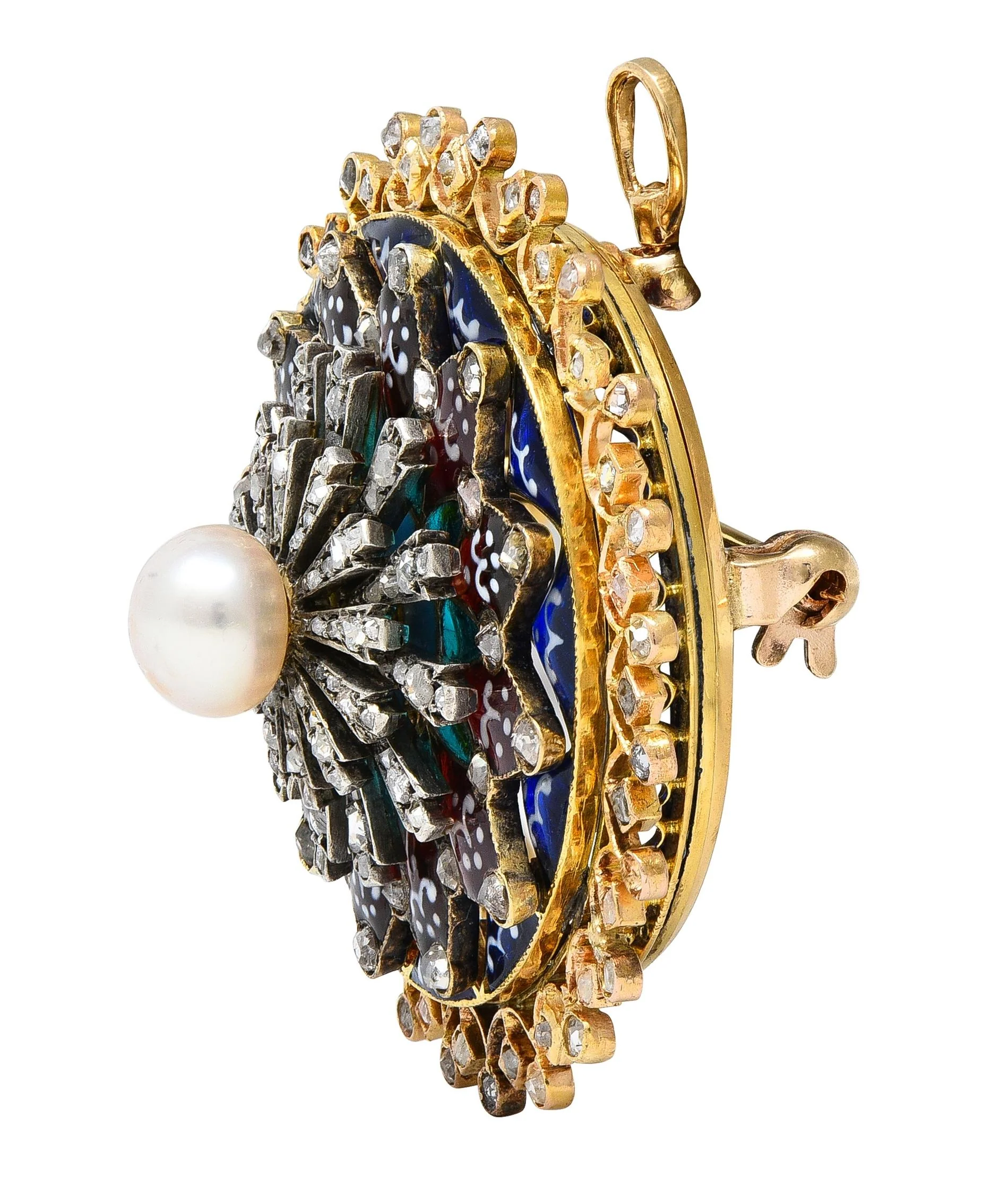 Boucheron Victorian Diamond Pearl Enamel Silver 18 Karat Yellow Gold Antique Rose Window Pendant Brooch - Image 3