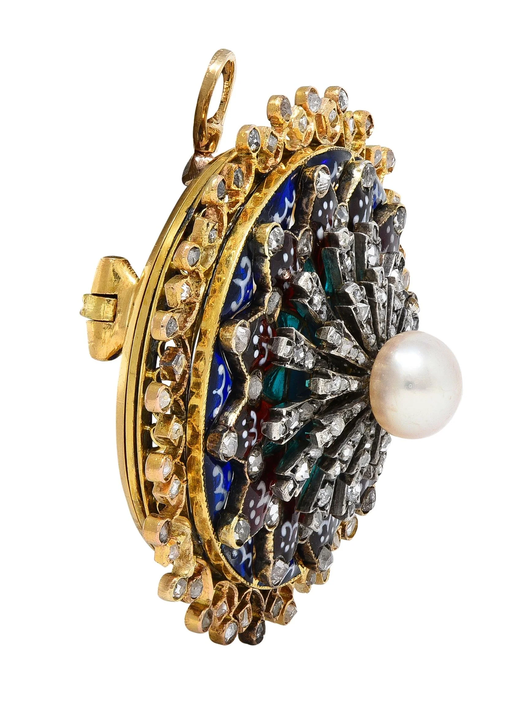 Boucheron Victorian Diamond Pearl Enamel Silver 18 Karat Yellow Gold Antique Rose Window Pendant Brooch - Image 6