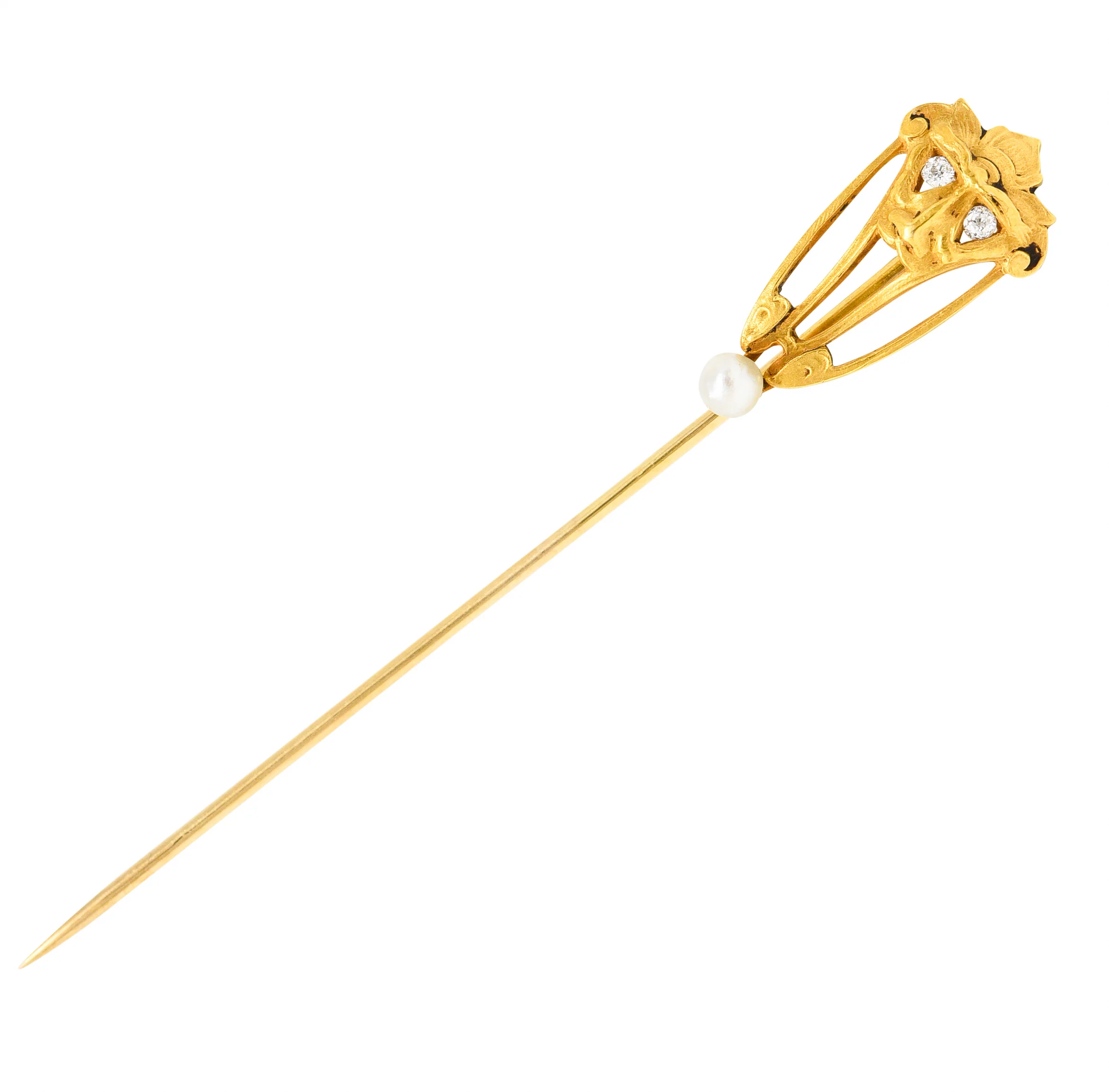 Brassler Co. Art Nouveau Diamond Pearl 14 Karat Yellow Gold Greenman Antique Unisex Stickpin - Image 2