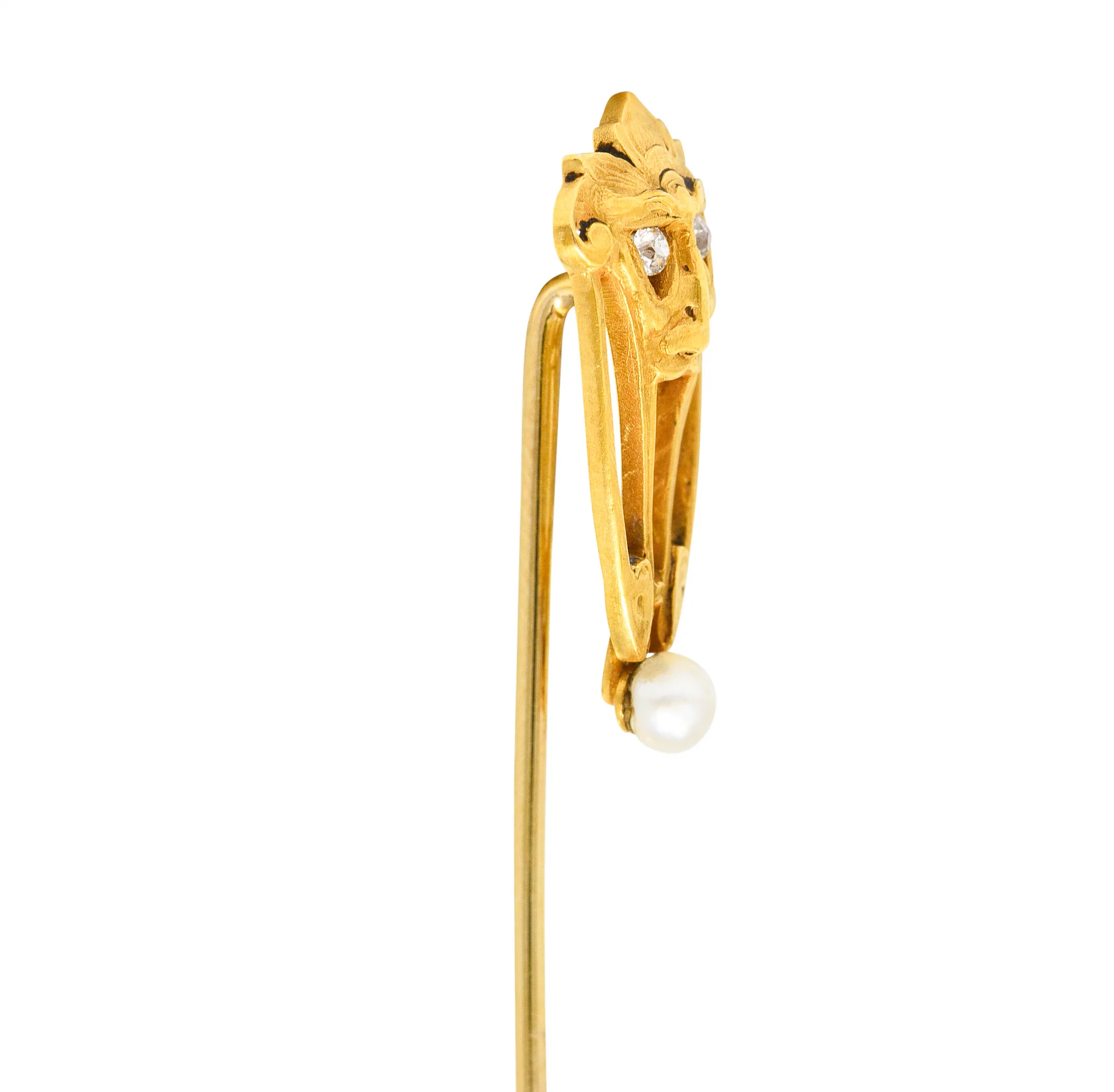 Brassler Co. Art Nouveau Diamond Pearl 14 Karat Yellow Gold Greenman Antique Unisex Stickpin - Image 3