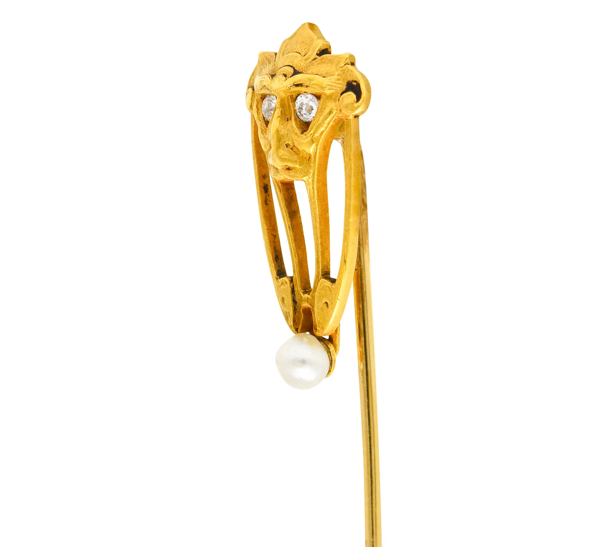 Brassler Co. Art Nouveau Diamond Pearl 14 Karat Yellow Gold Greenman Antique Unisex Stickpin - Image 5