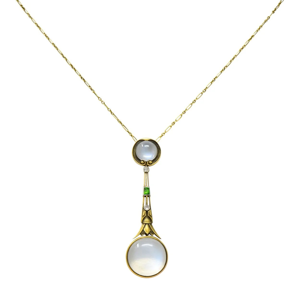 Brassler Co. Art Nouveau Moonstone Demantoid Garnet Diamond 14 Karat Gold Drop Necklace - Image 2