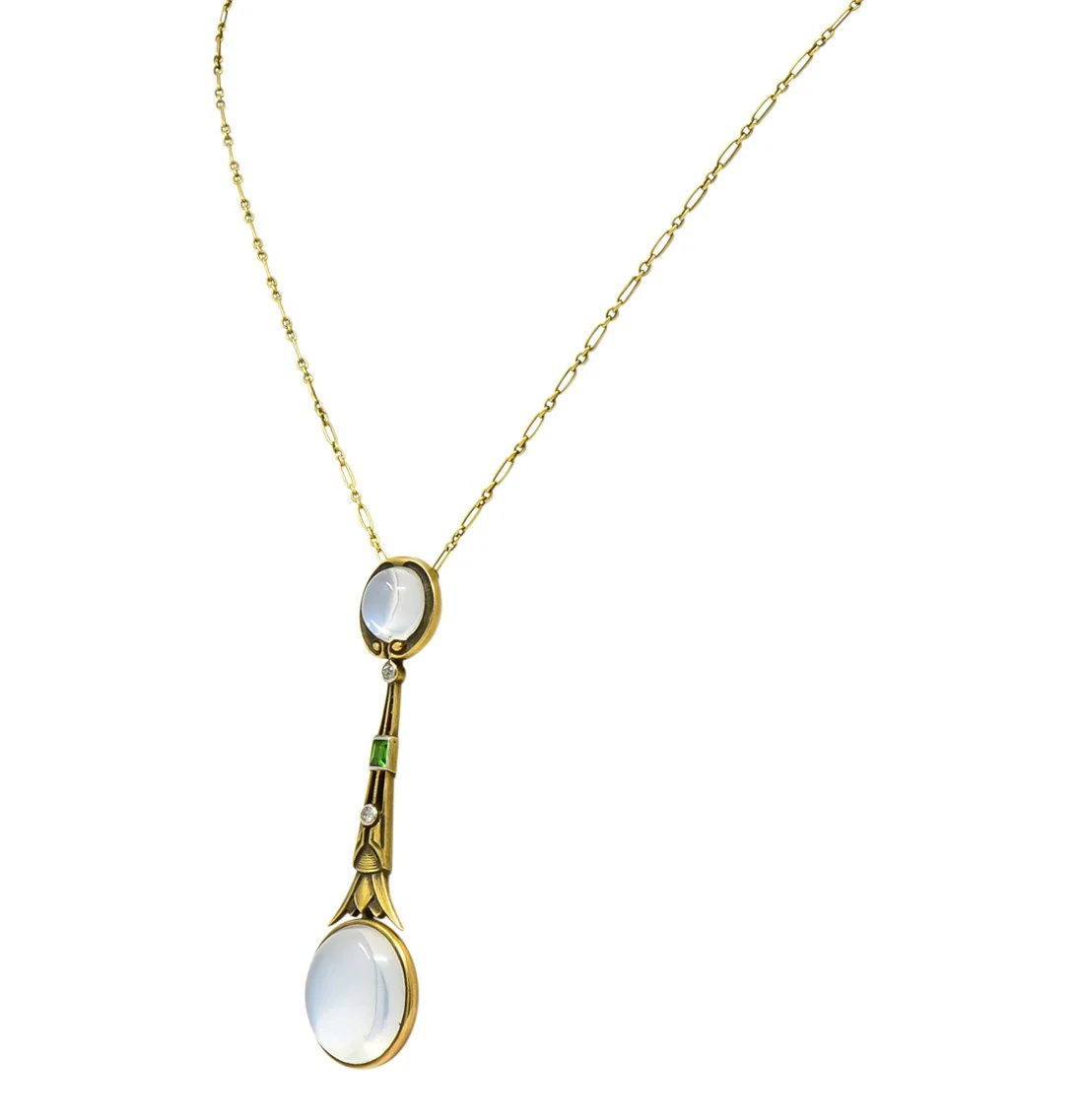 Brassler Co. Art Nouveau Moonstone Demantoid Garnet Diamond 14 Karat Gold Drop Necklace - Image 3