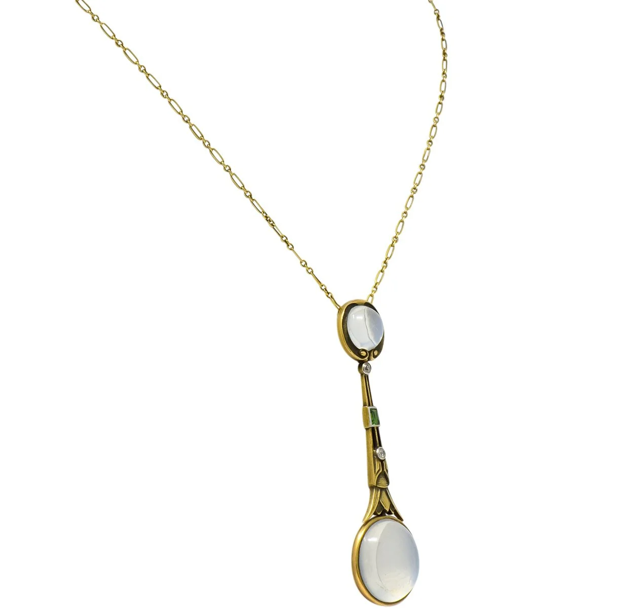 Brassler Co. Art Nouveau Moonstone Demantoid Garnet Diamond 14 Karat Gold Drop Necklace - Image 4