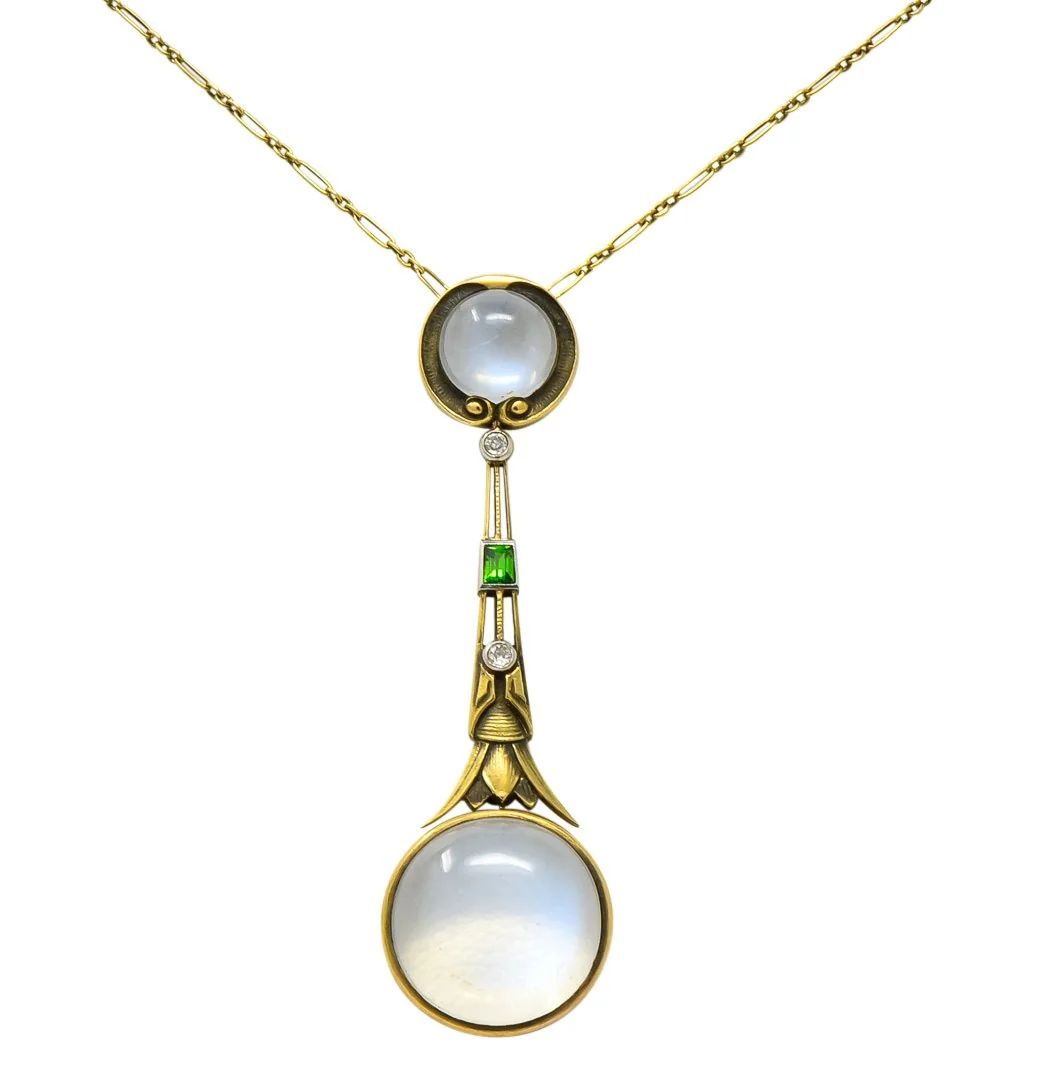 Brassler Co. Art Nouveau Moonstone Demantoid Garnet Diamond 14 Karat Gold Drop Necklace - Image 5