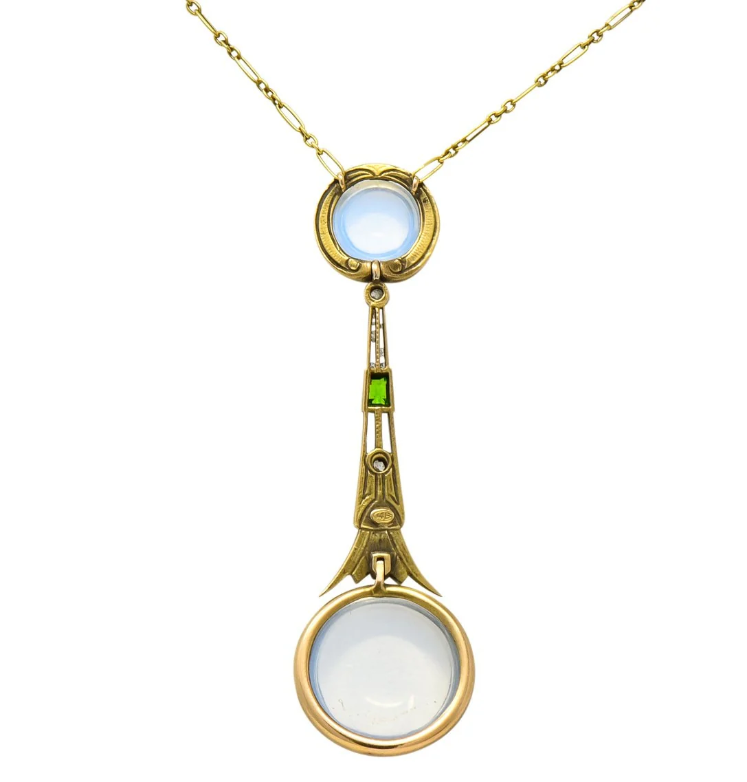 Brassler Co. Art Nouveau Moonstone Demantoid Garnet Diamond 14 Karat Gold Drop Necklace - Image 7