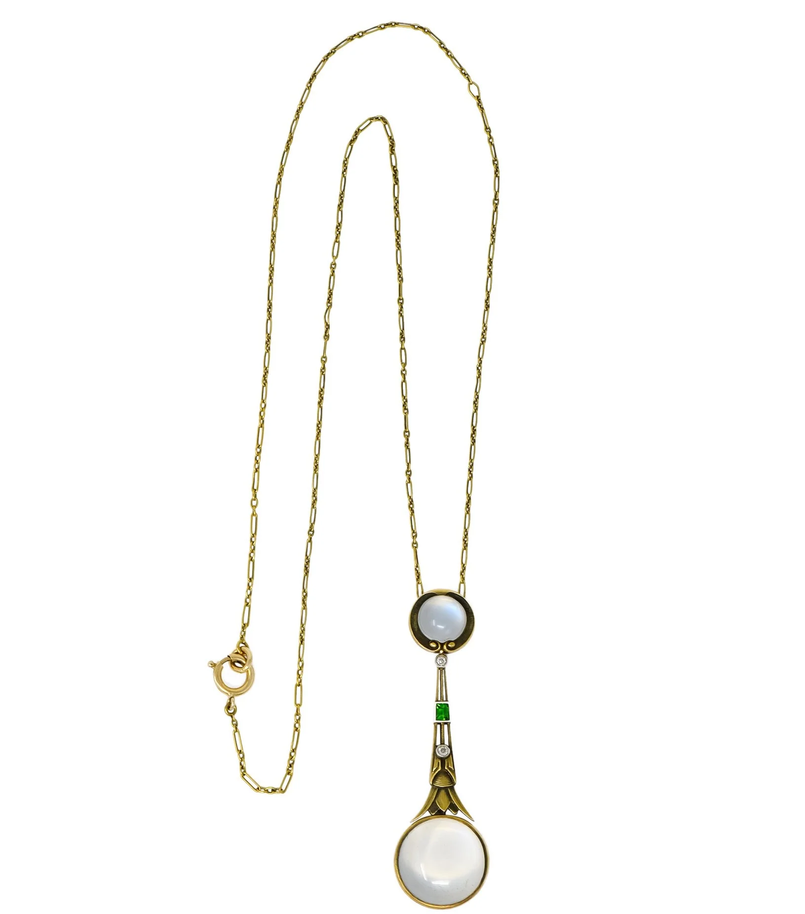 Brassler Co. Art Nouveau Moonstone Demantoid Garnet Diamond 14 Karat Gold Drop Necklace - Image 9