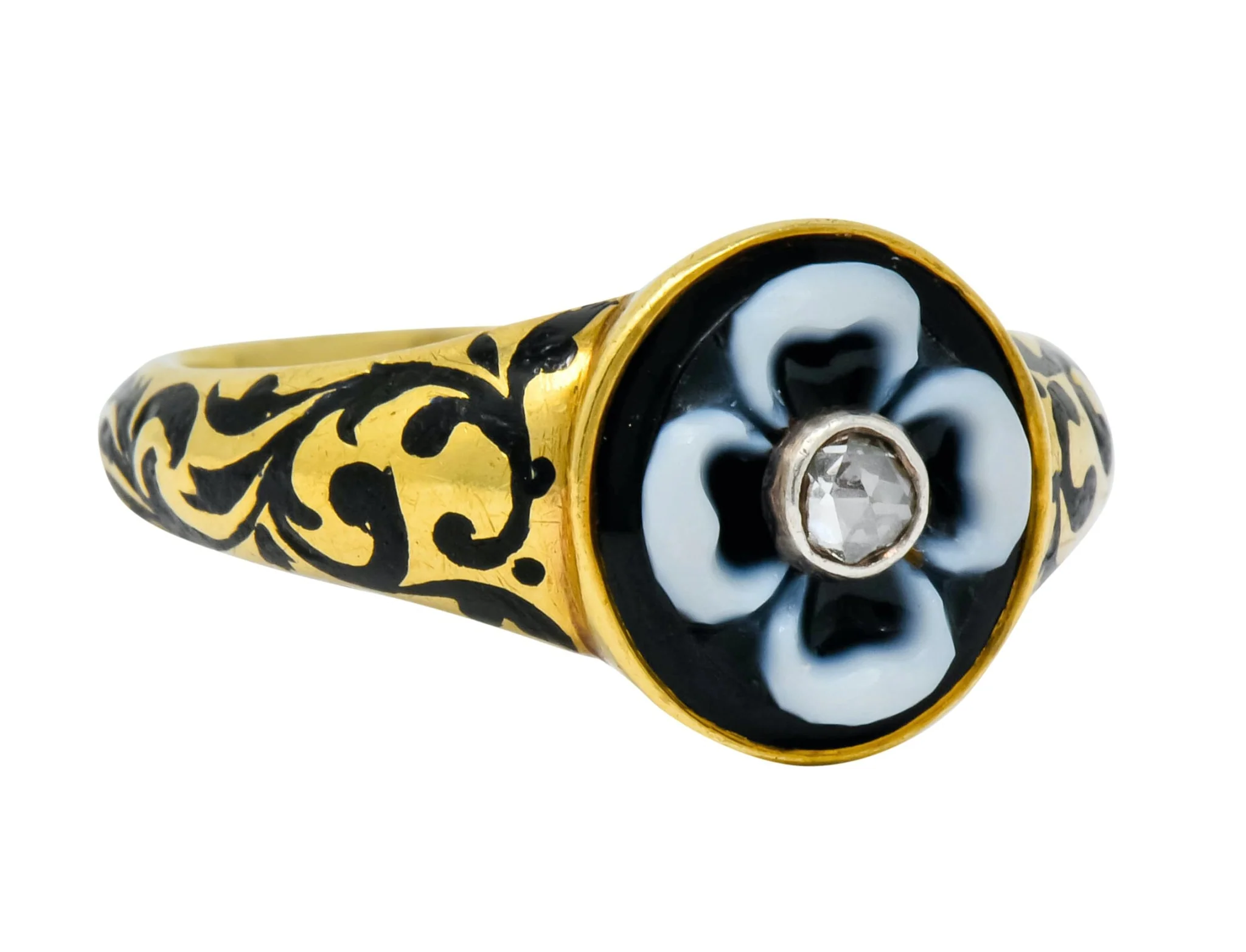 British 1882 Victorian Diamond Onyx Enamel 18 Karat Gold Flower Mourning Ring - Image 2