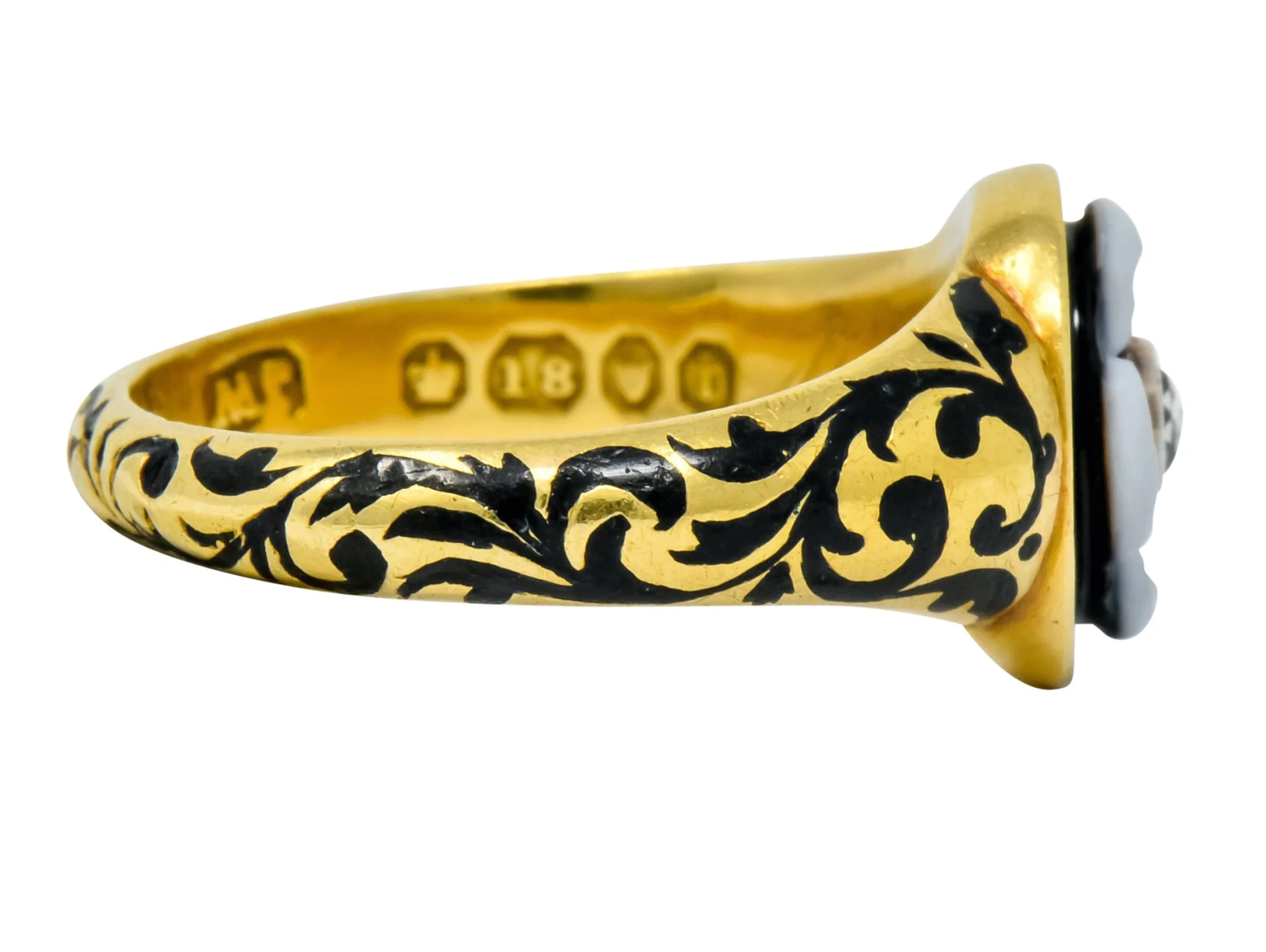 British 1882 Victorian Diamond Onyx Enamel 18 Karat Gold Flower Mourning Ring - Image 3