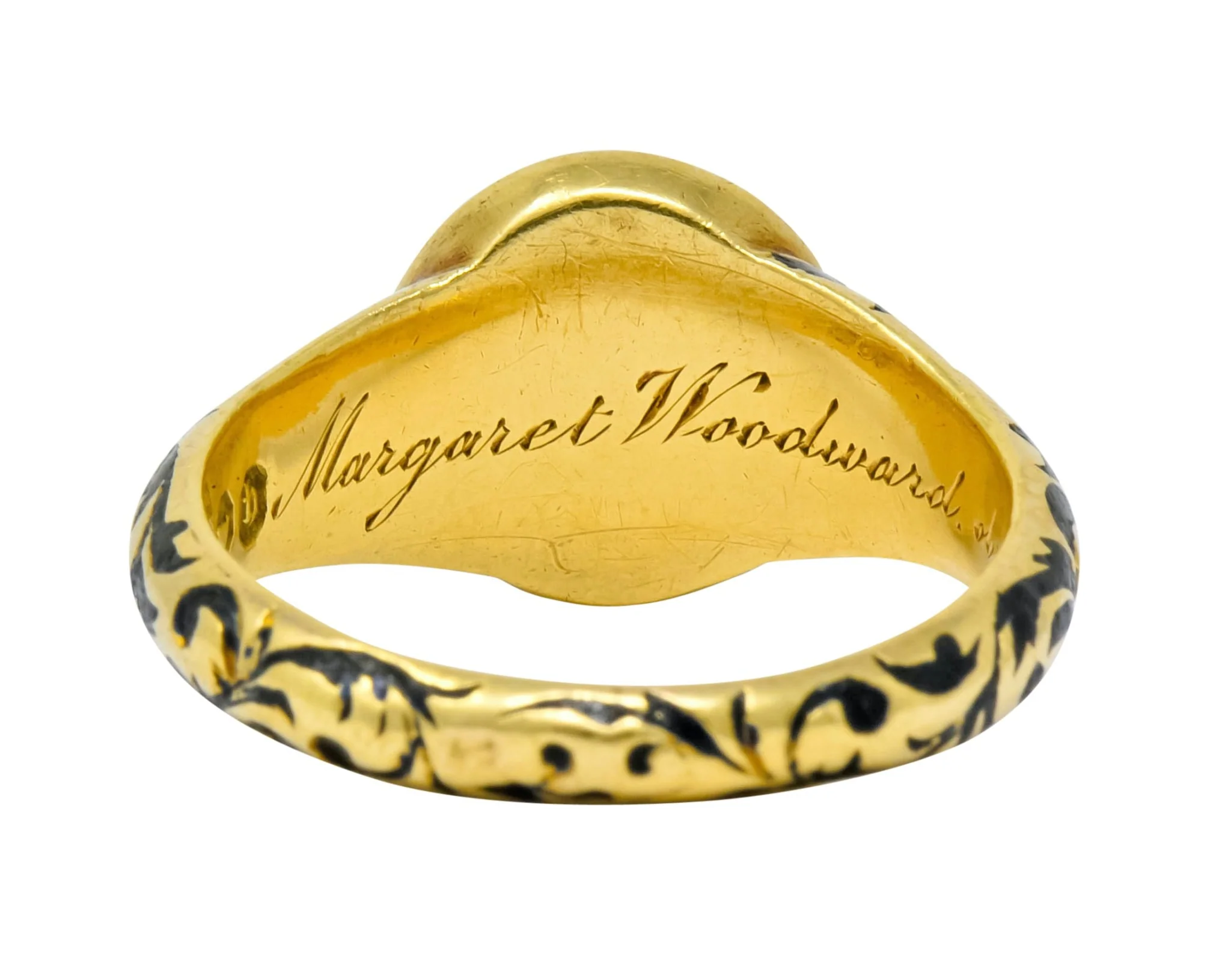 British 1882 Victorian Diamond Onyx Enamel 18 Karat Gold Flower Mourning Ring - Image 4