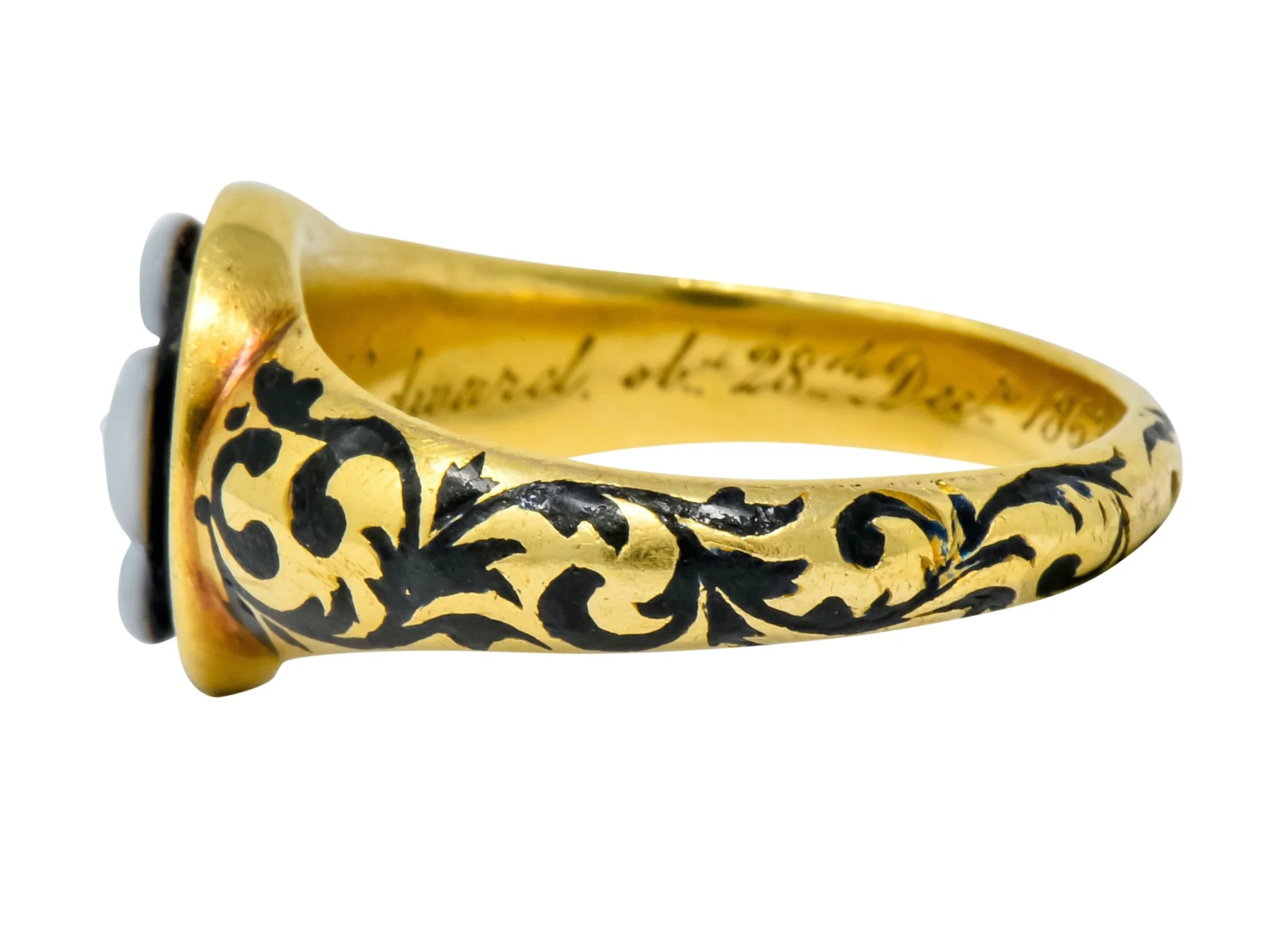British 1882 Victorian Diamond Onyx Enamel 18 Karat Gold Flower Mourning Ring - Image 5