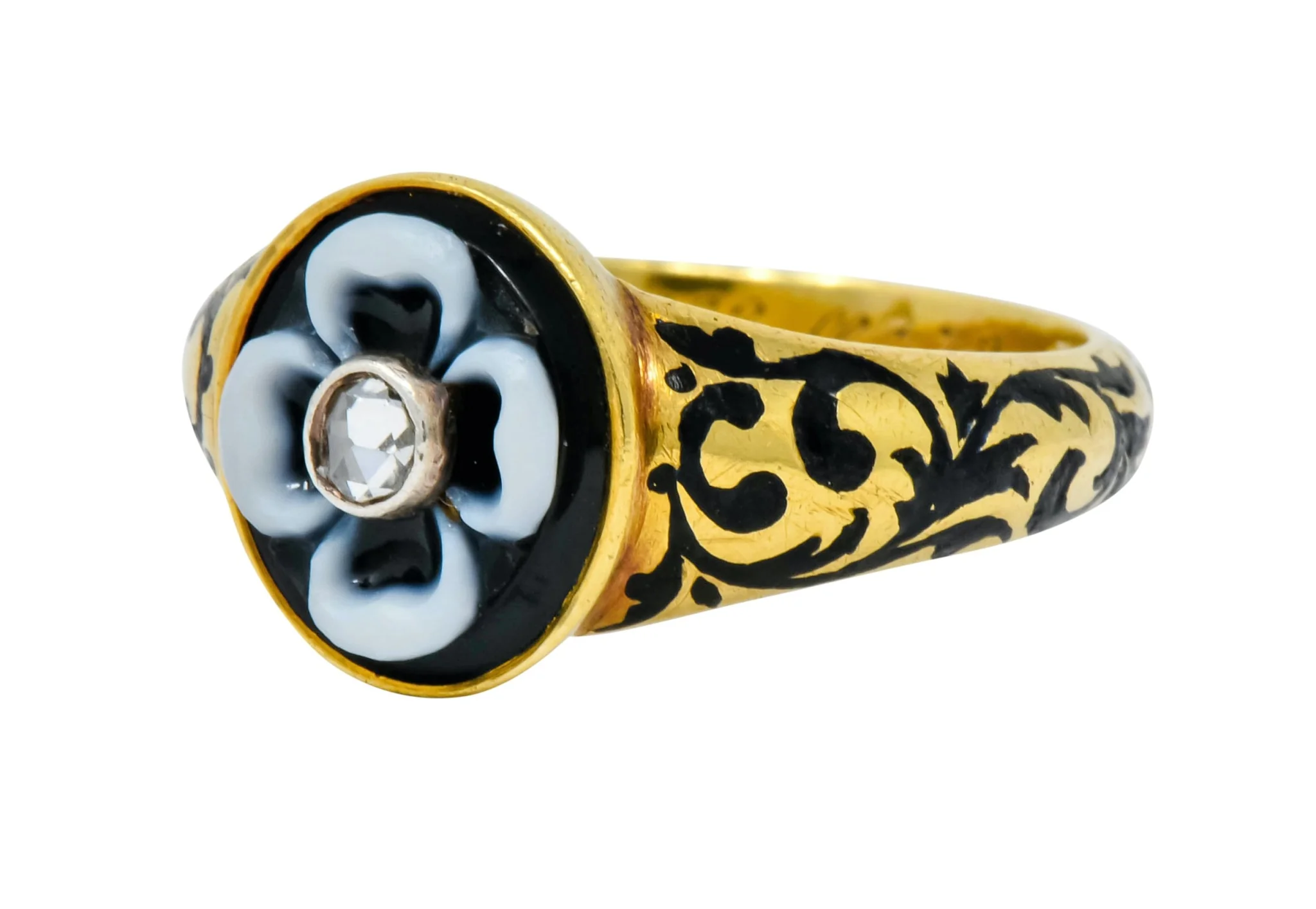 British 1882 Victorian Diamond Onyx Enamel 18 Karat Gold Flower Mourning Ring - Image 6