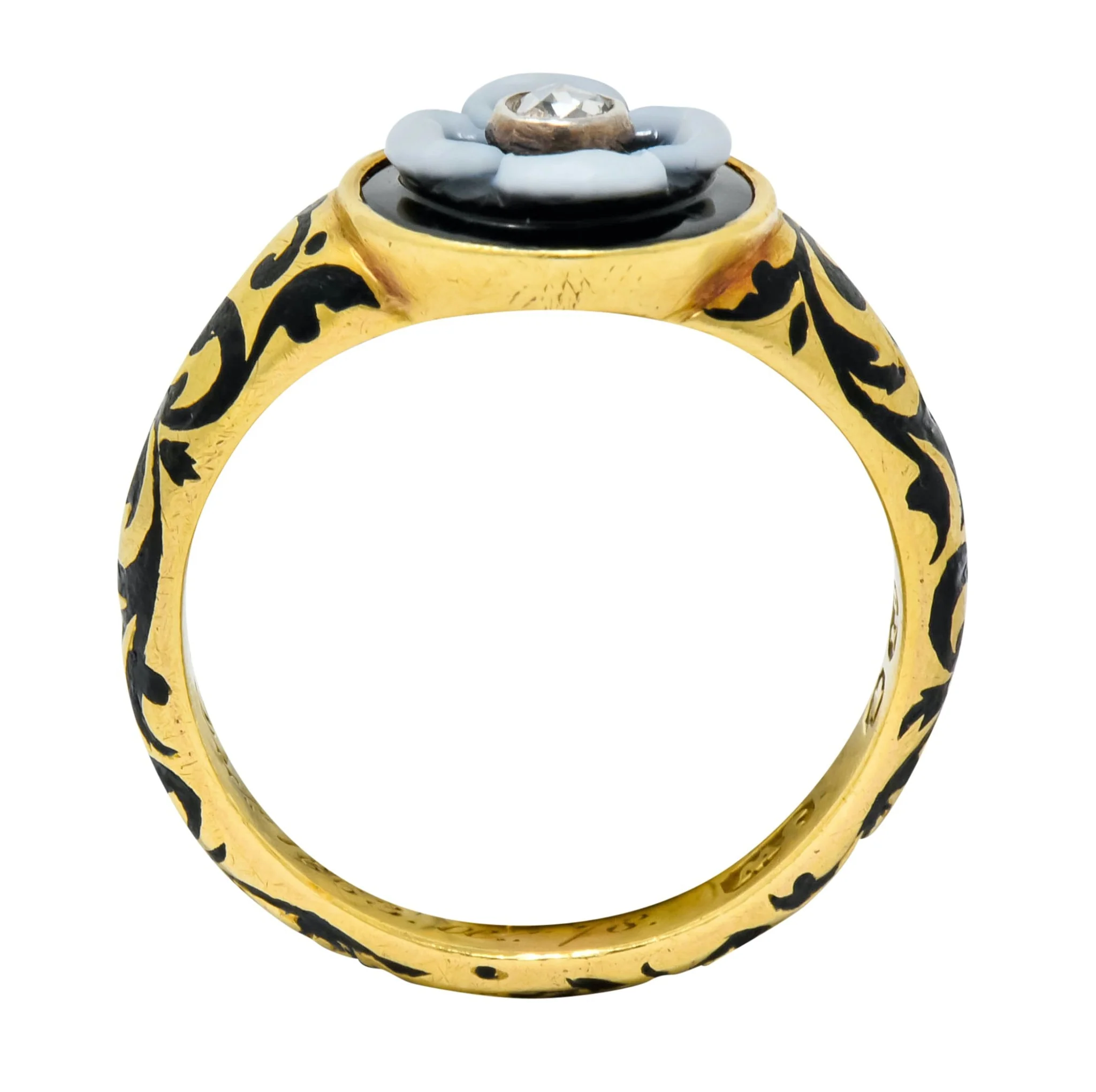 British 1882 Victorian Diamond Onyx Enamel 18 Karat Gold Flower Mourning Ring - Image 7