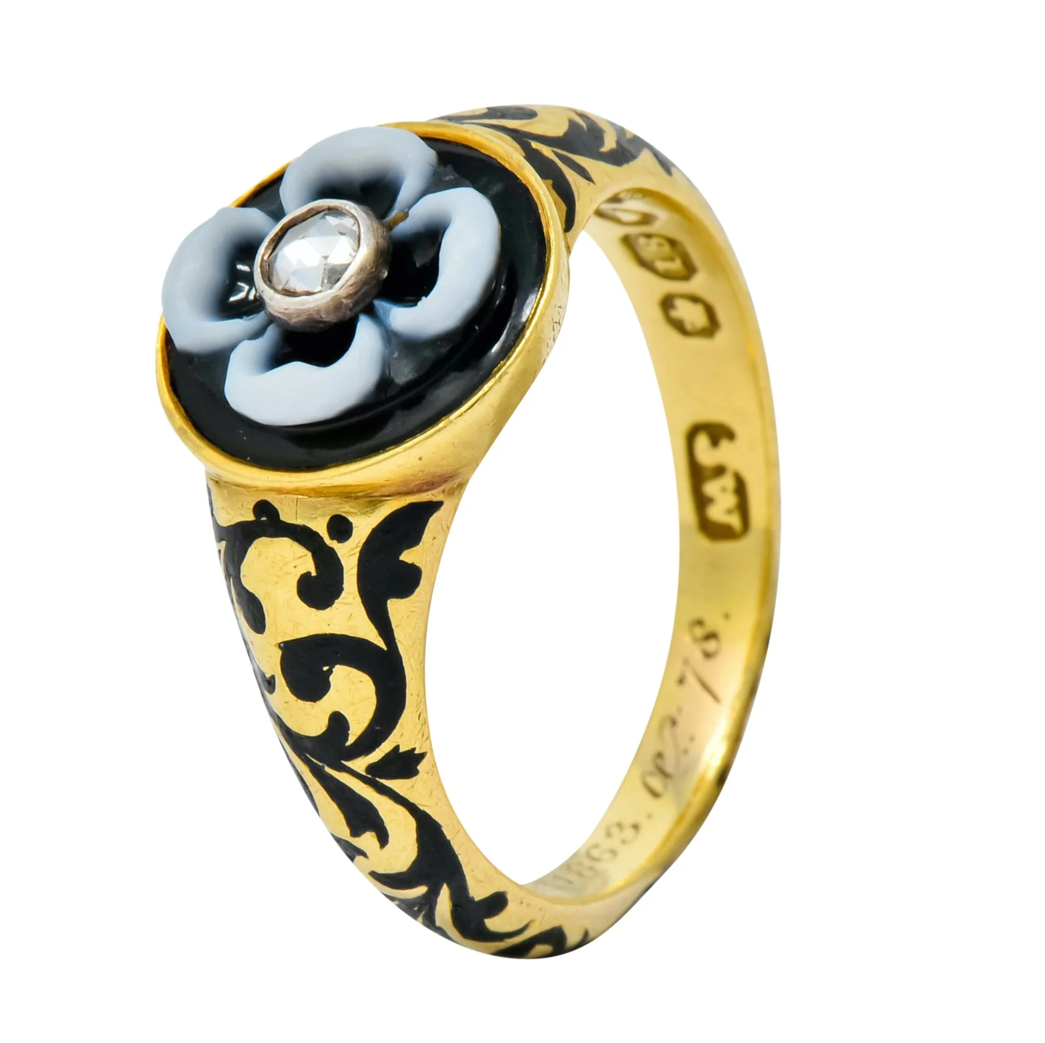 British 1882 Victorian Diamond Onyx Enamel 18 Karat Gold Flower Mourning Ring - Image 8