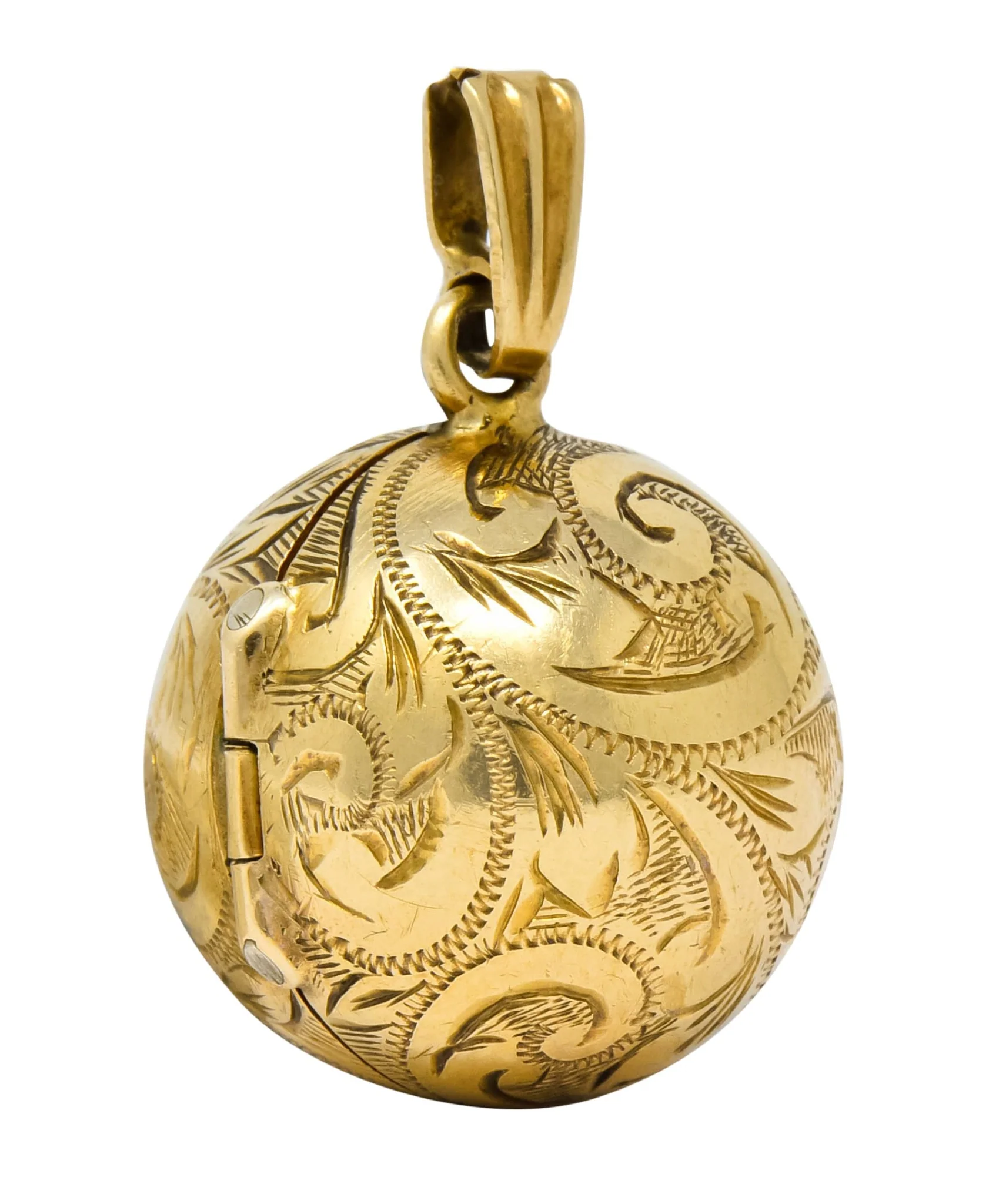 British 9 Karat Yellow Gold Engraved Ball Locket Pendant - Image 3