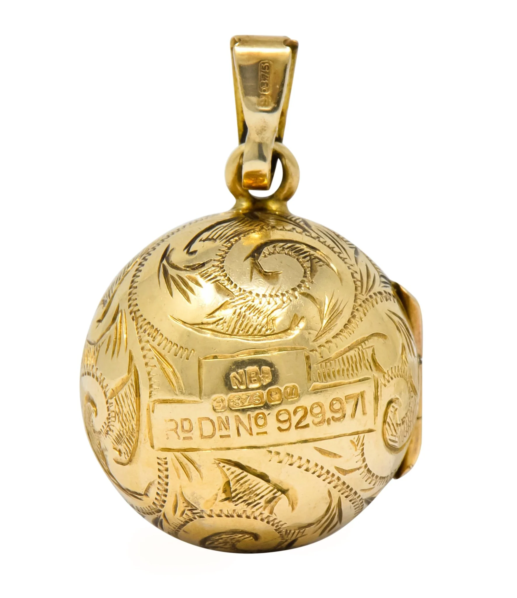 British 9 Karat Yellow Gold Engraved Ball Locket Pendant - Image 5