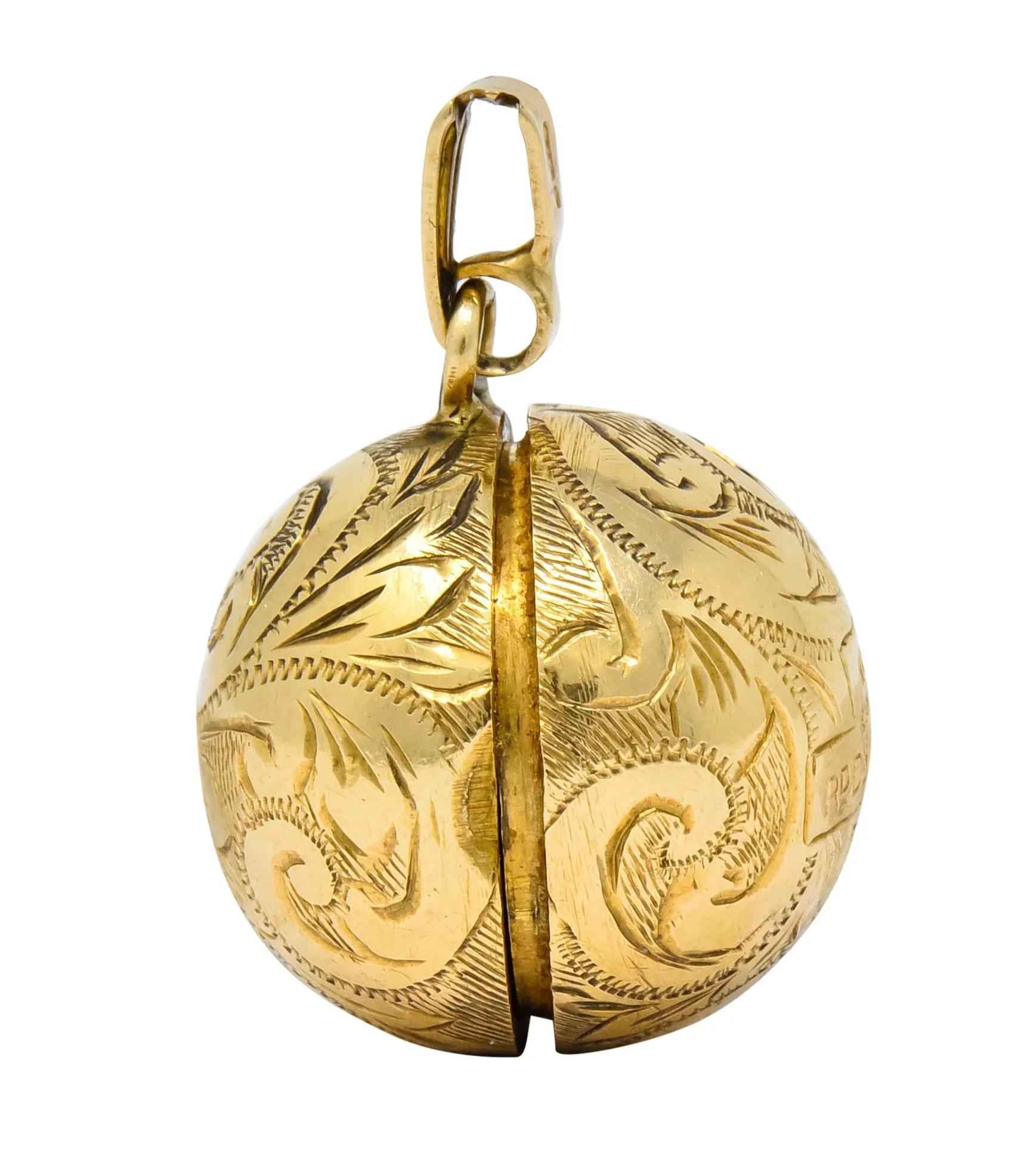 British 9 Karat Yellow Gold Engraved Ball Locket Pendant - Image 7
