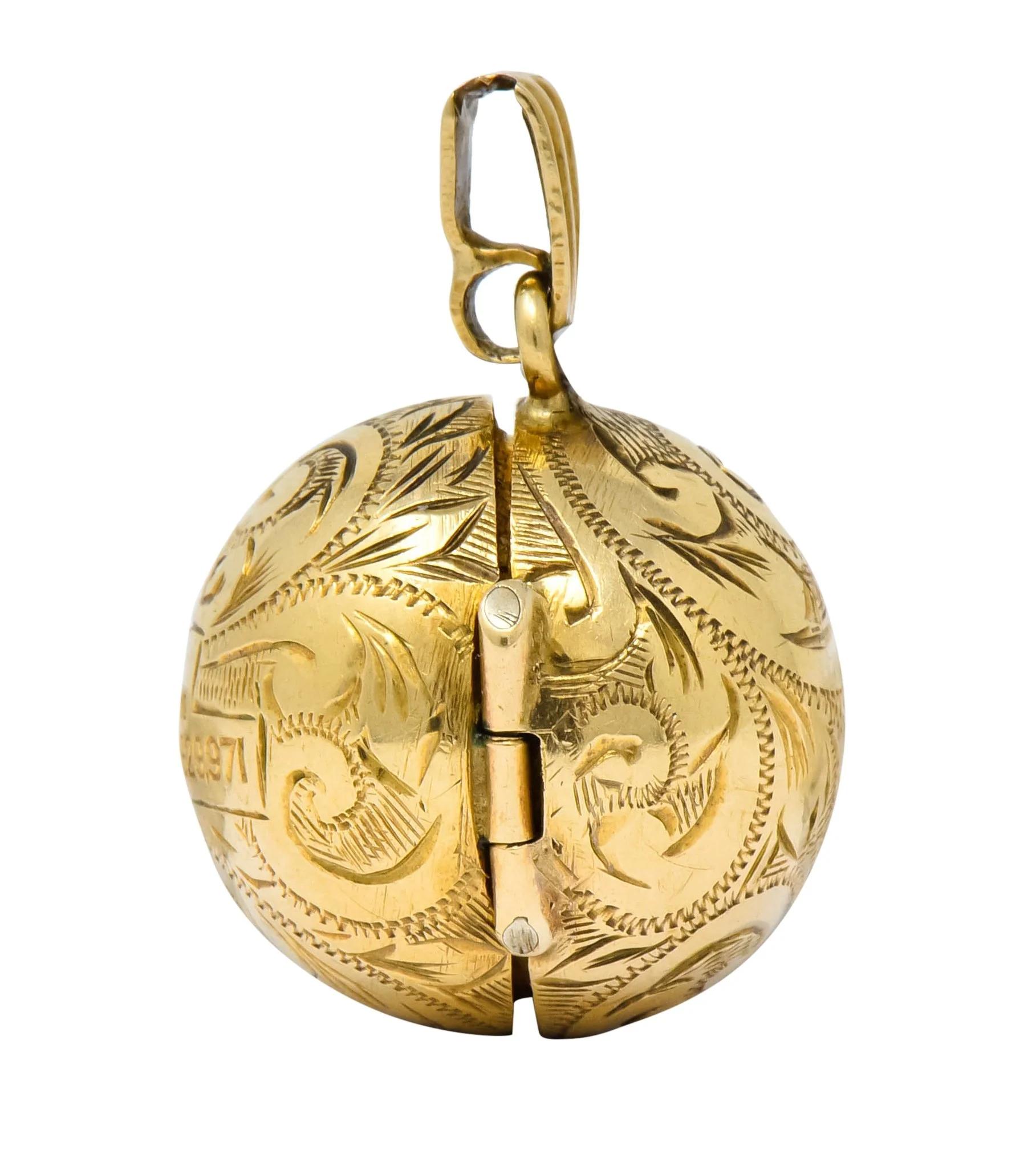 British 9 Karat Yellow Gold Engraved Ball Locket Pendant - Image 8