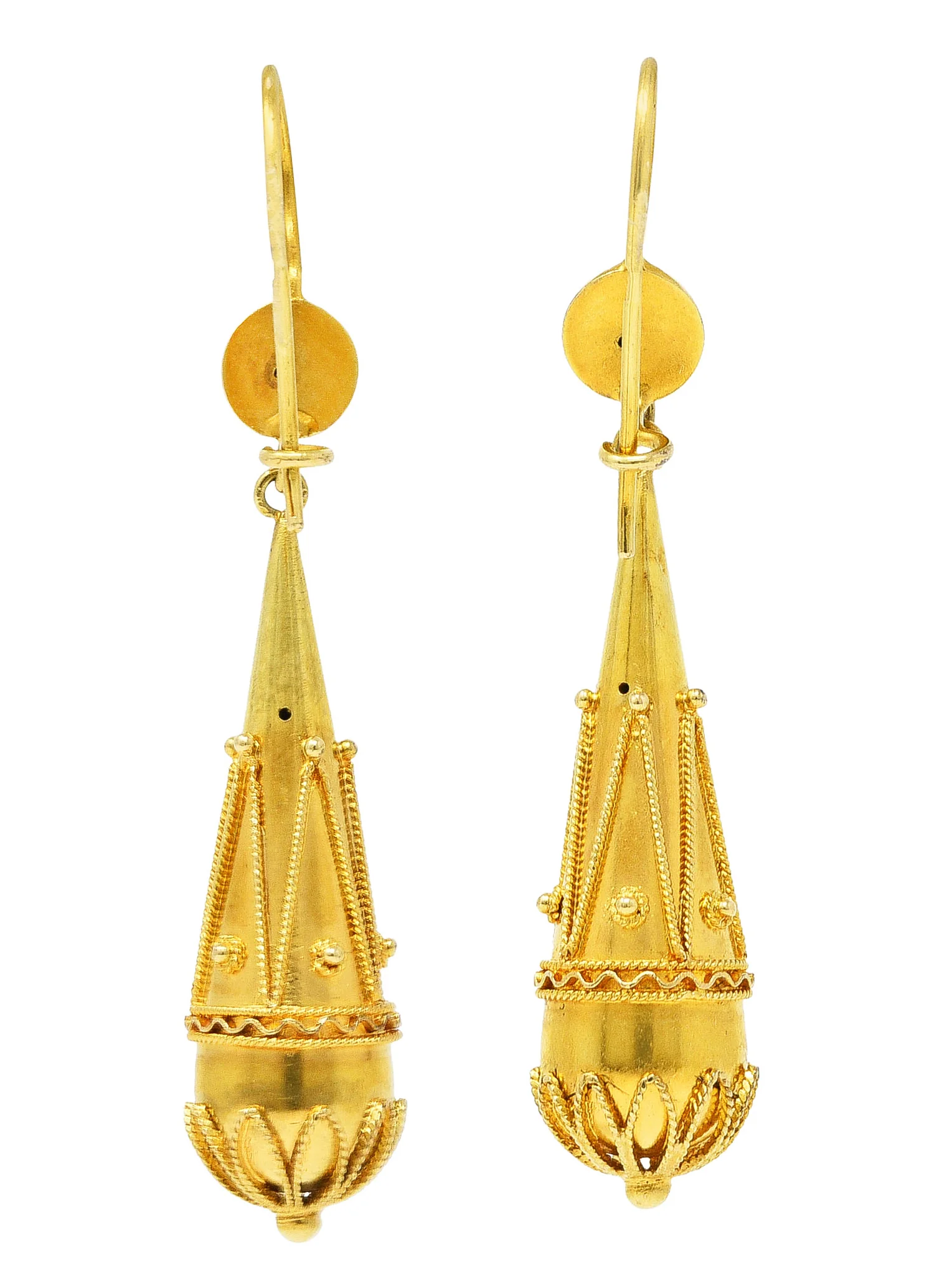 British Victorian Etruscan Revival 15 Karat Yellow Gold Drop Earrings - Image 3
