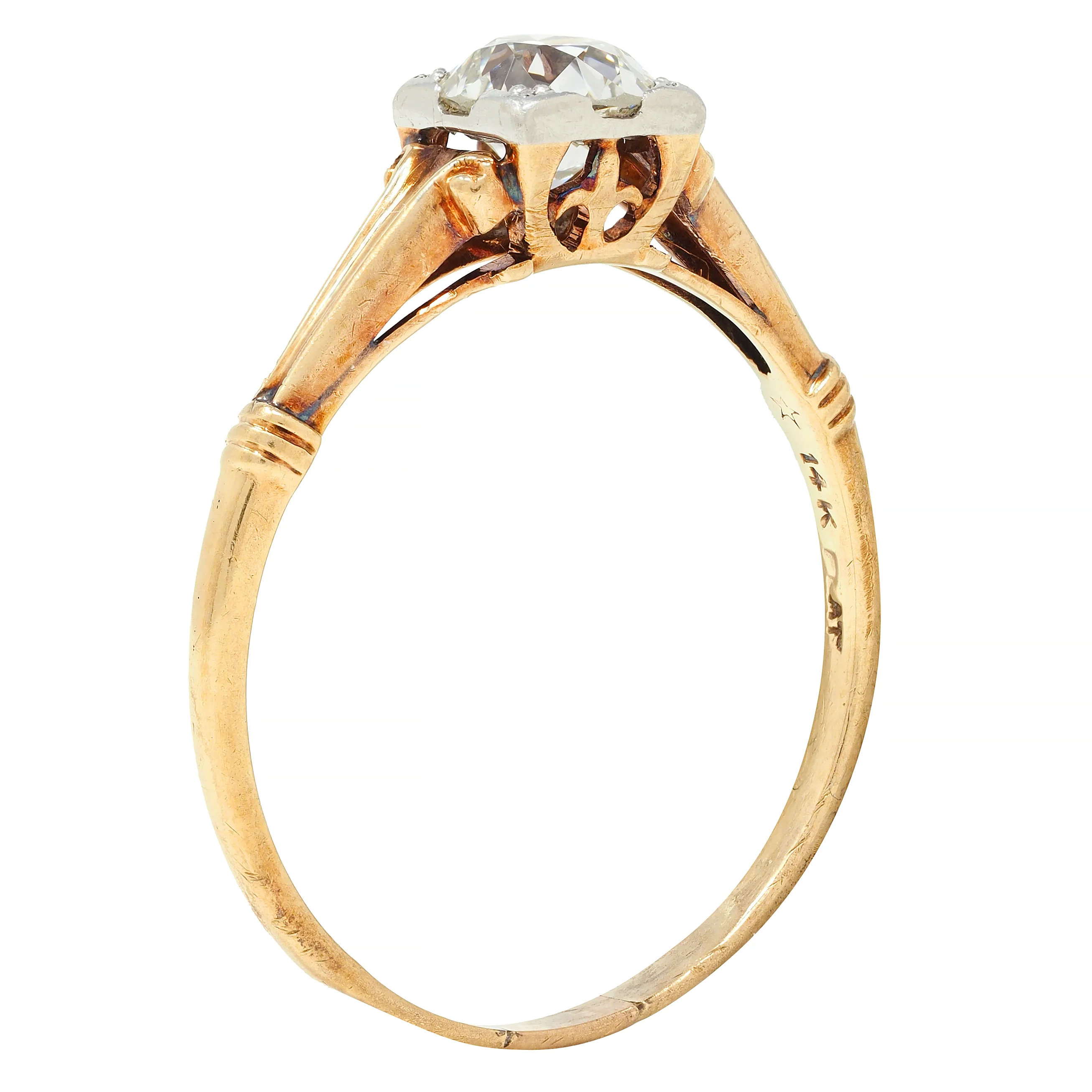 Brogan Co. Edwardian 1910 0.70 CTW Platinum 14 Karat Gold Fleur-De-Lis Antique Engagement Ring - Image 2