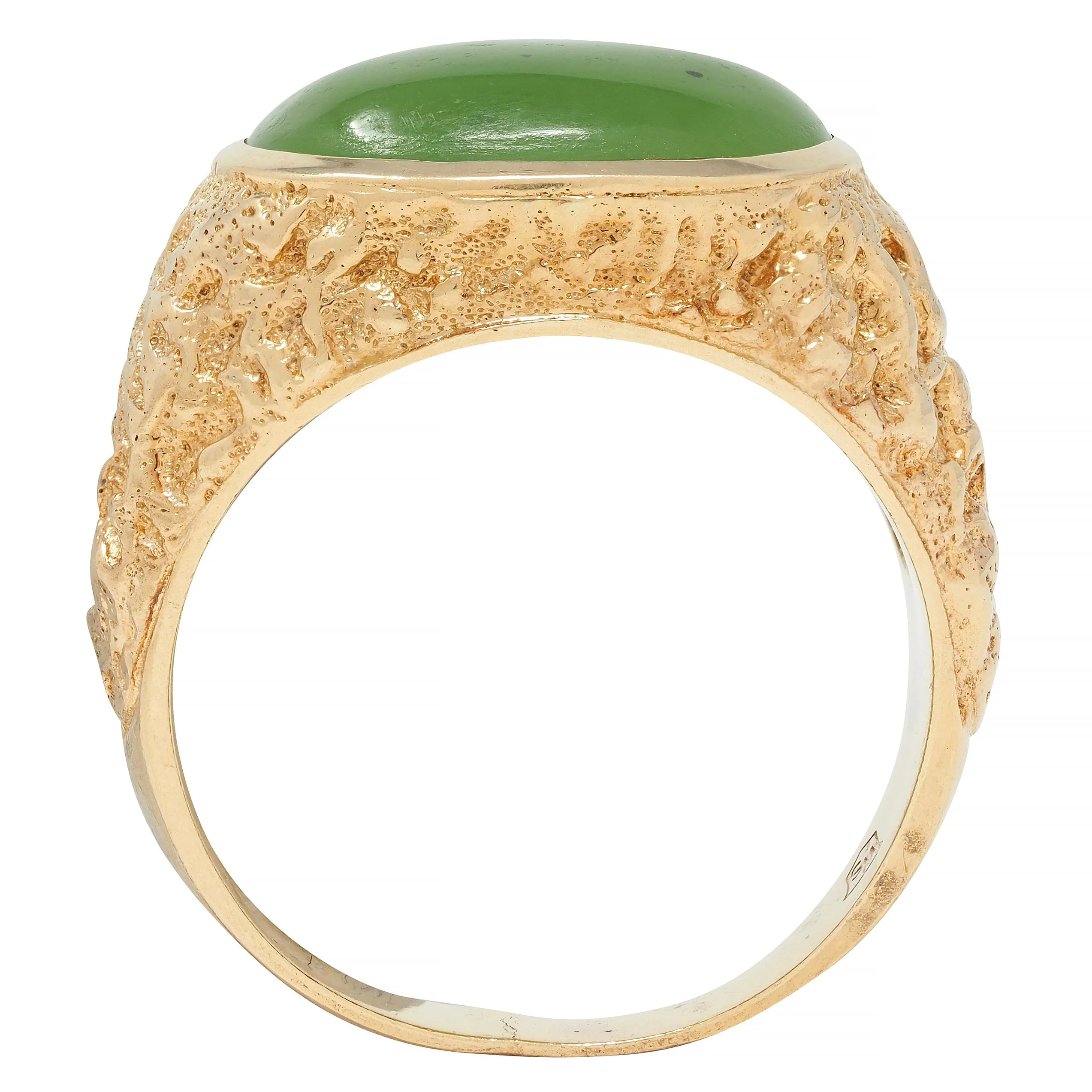 Brutalist Jade Cabochon 10 Karat Yellow Gold Vintage Signet Ring - Image 10