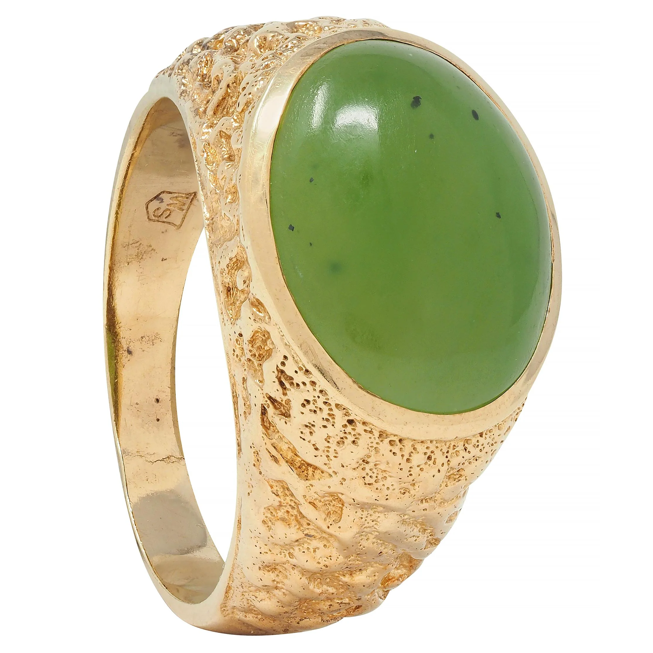 Brutalist Jade Cabochon 10 Karat Yellow Gold Vintage Signet Ring - Image 11