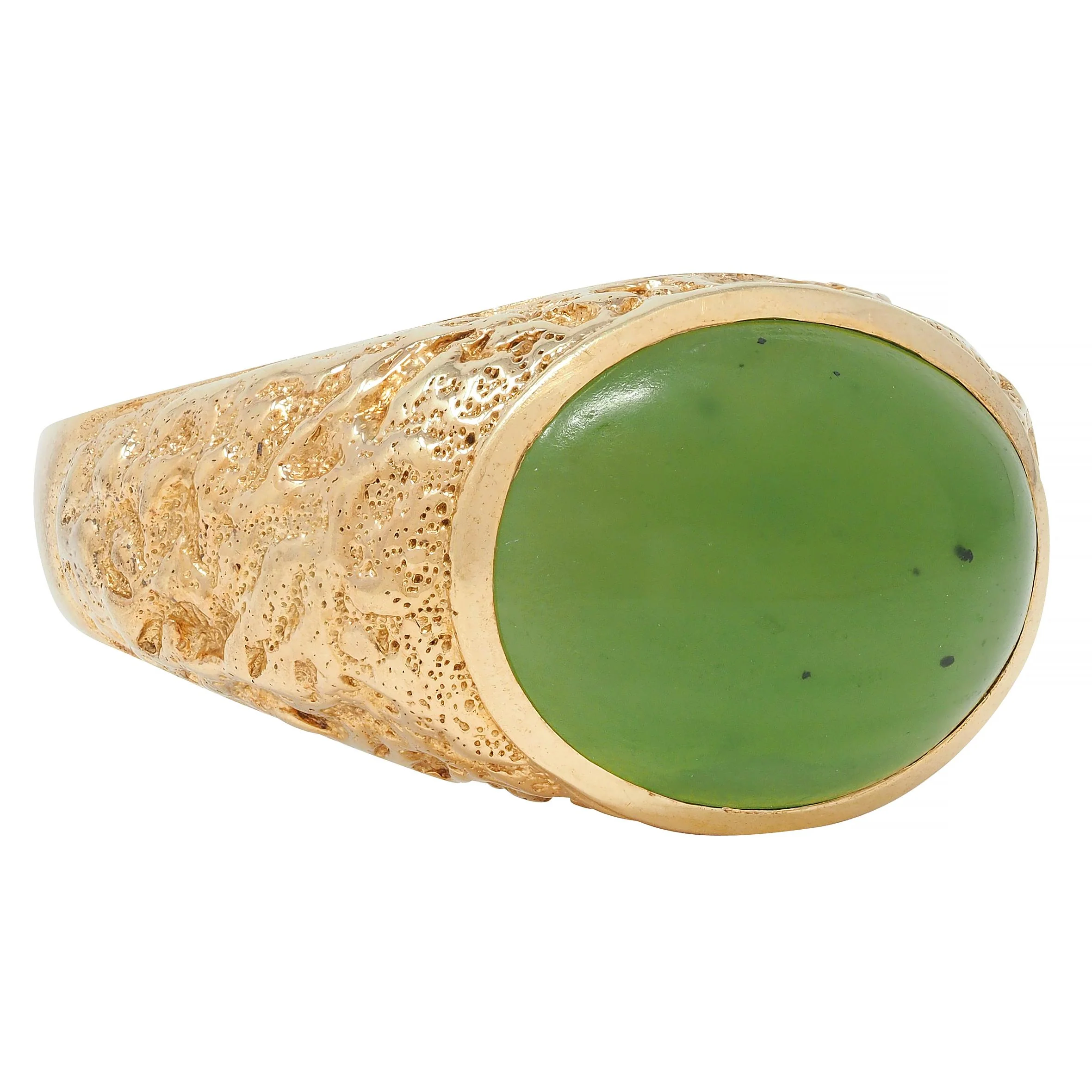 Brutalist Jade Cabochon 10 Karat Yellow Gold Vintage Signet Ring - Image 3