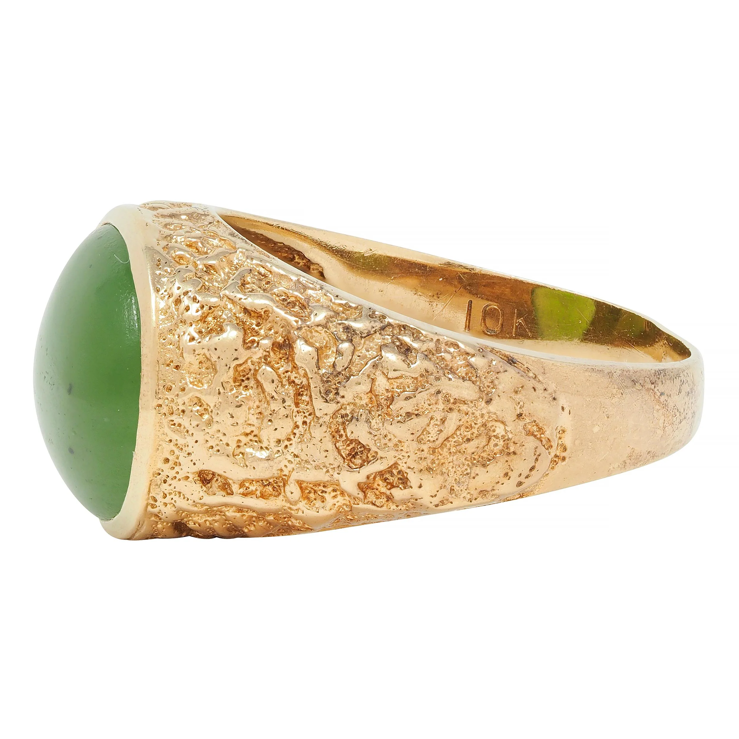 Brutalist Jade Cabochon 10 Karat Yellow Gold Vintage Signet Ring - Image 6