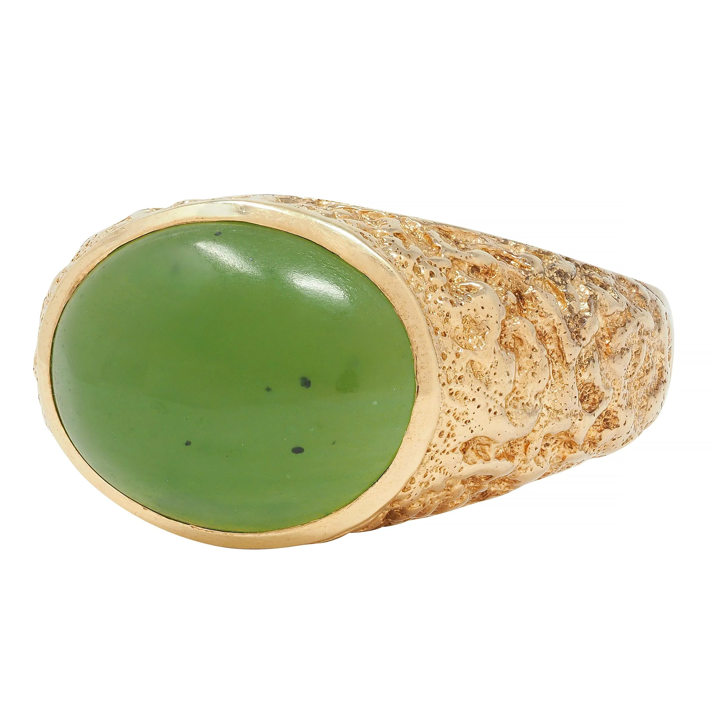 Brutalist Jade Cabochon 10 Karat Yellow Gold Vintage Signet Ring - Image 7