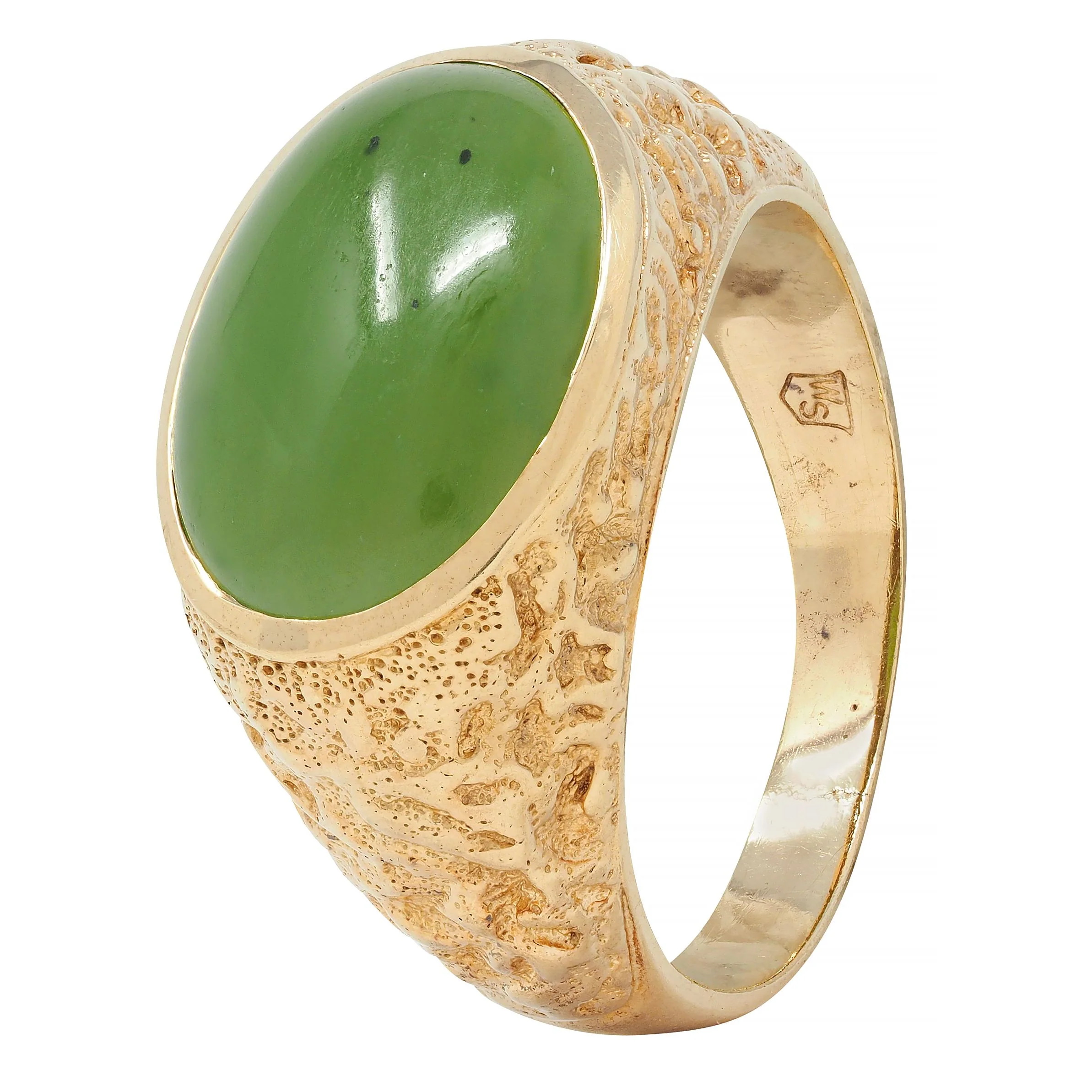 Brutalist Jade Cabochon 10 Karat Yellow Gold Vintage Signet Ring - Image 9