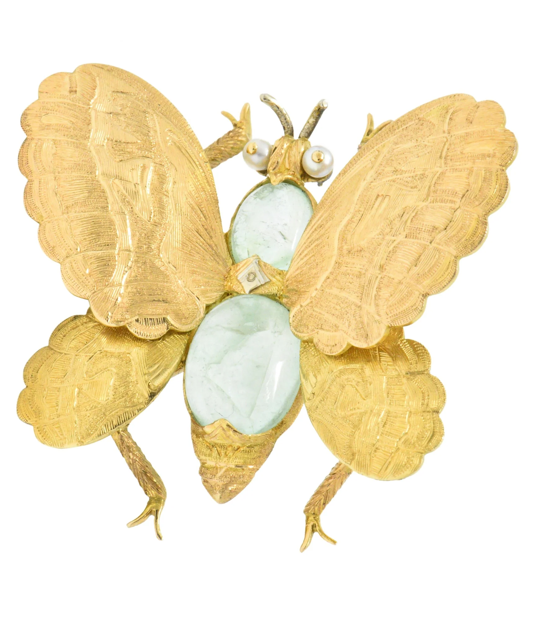 Buccellati 1960's 4.00 CTW Emerald Seed Pearl 18 Karat Gold Butterfly Brooch - Image 2