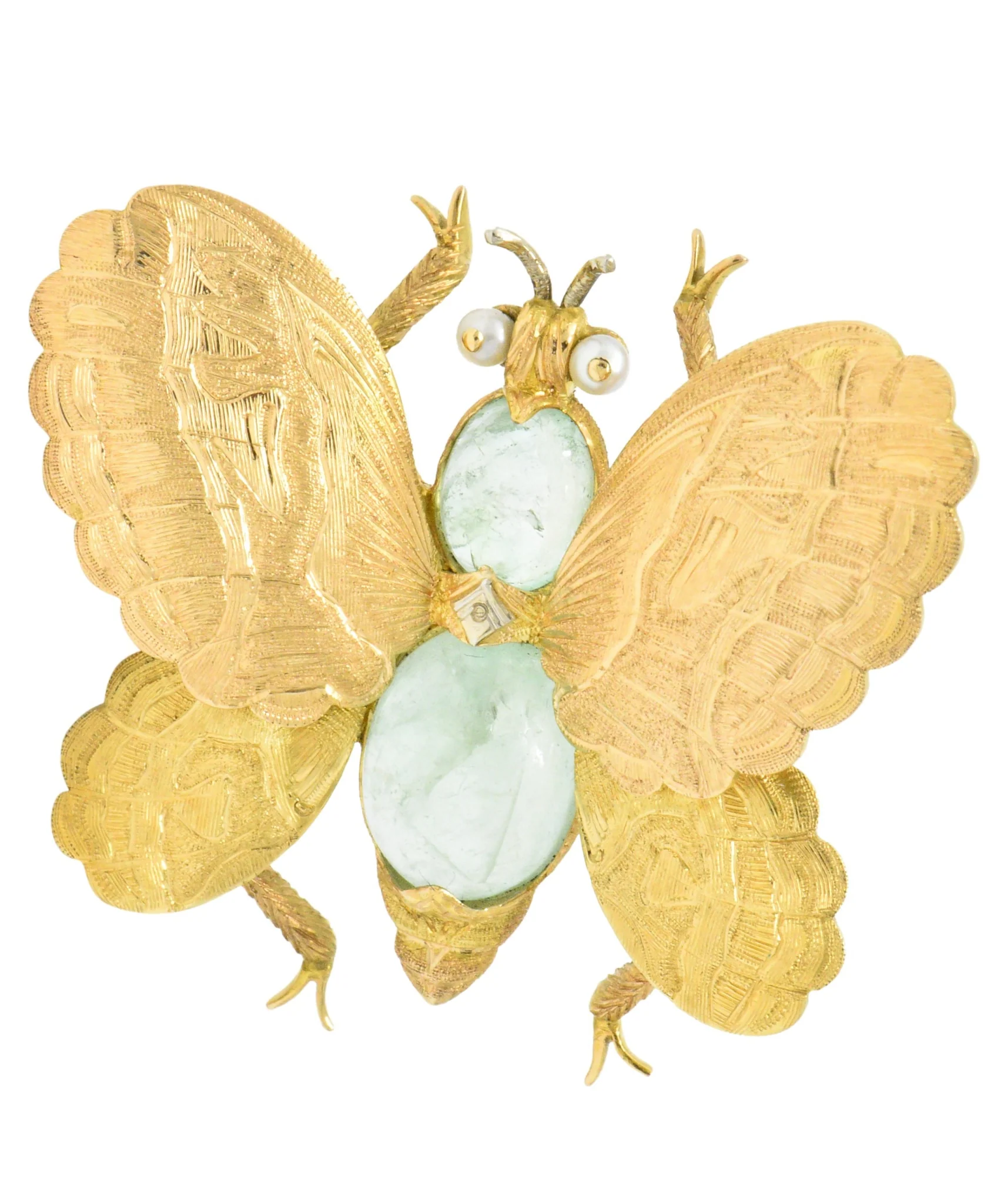 Buccellati 1960's 4.00 CTW Emerald Seed Pearl 18 Karat Gold Butterfly Brooch - Image 3