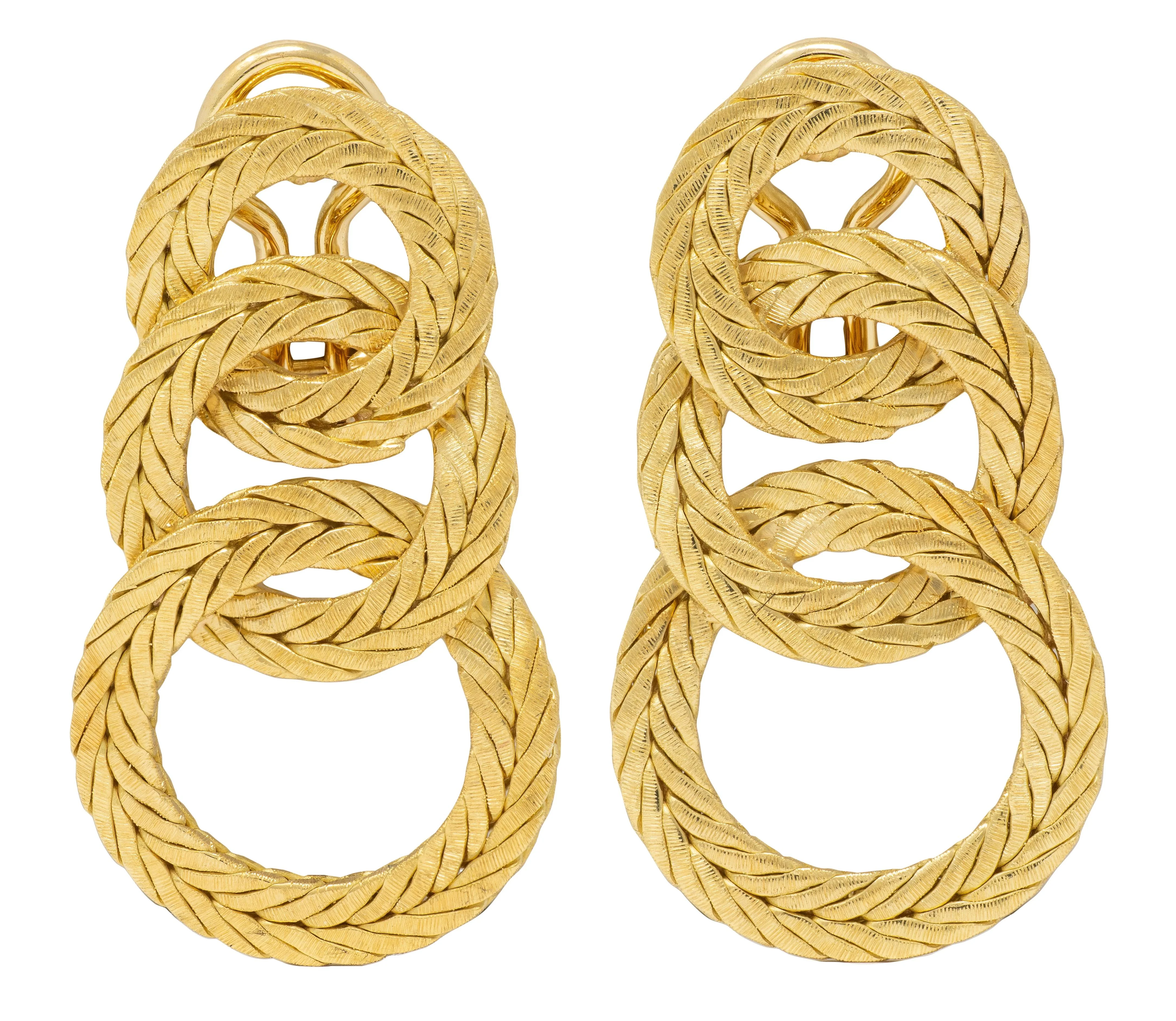 Buccellati 1970's 18 Karat Yellow Gold Vintage Herringbone Chain Triple Hoop Drop Earrings
