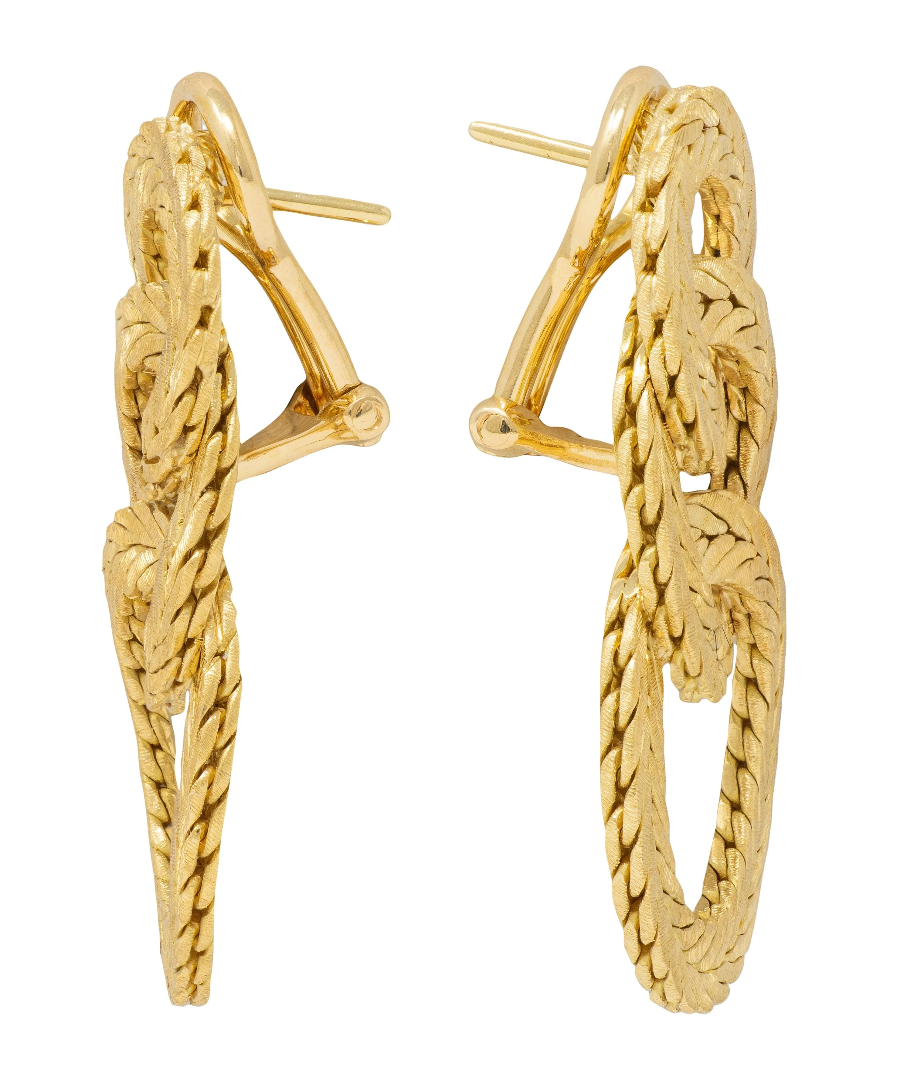Buccellati 1970's 18 Karat Yellow Gold Vintage Herringbone Chain Triple Hoop Drop Earrings - Image 3