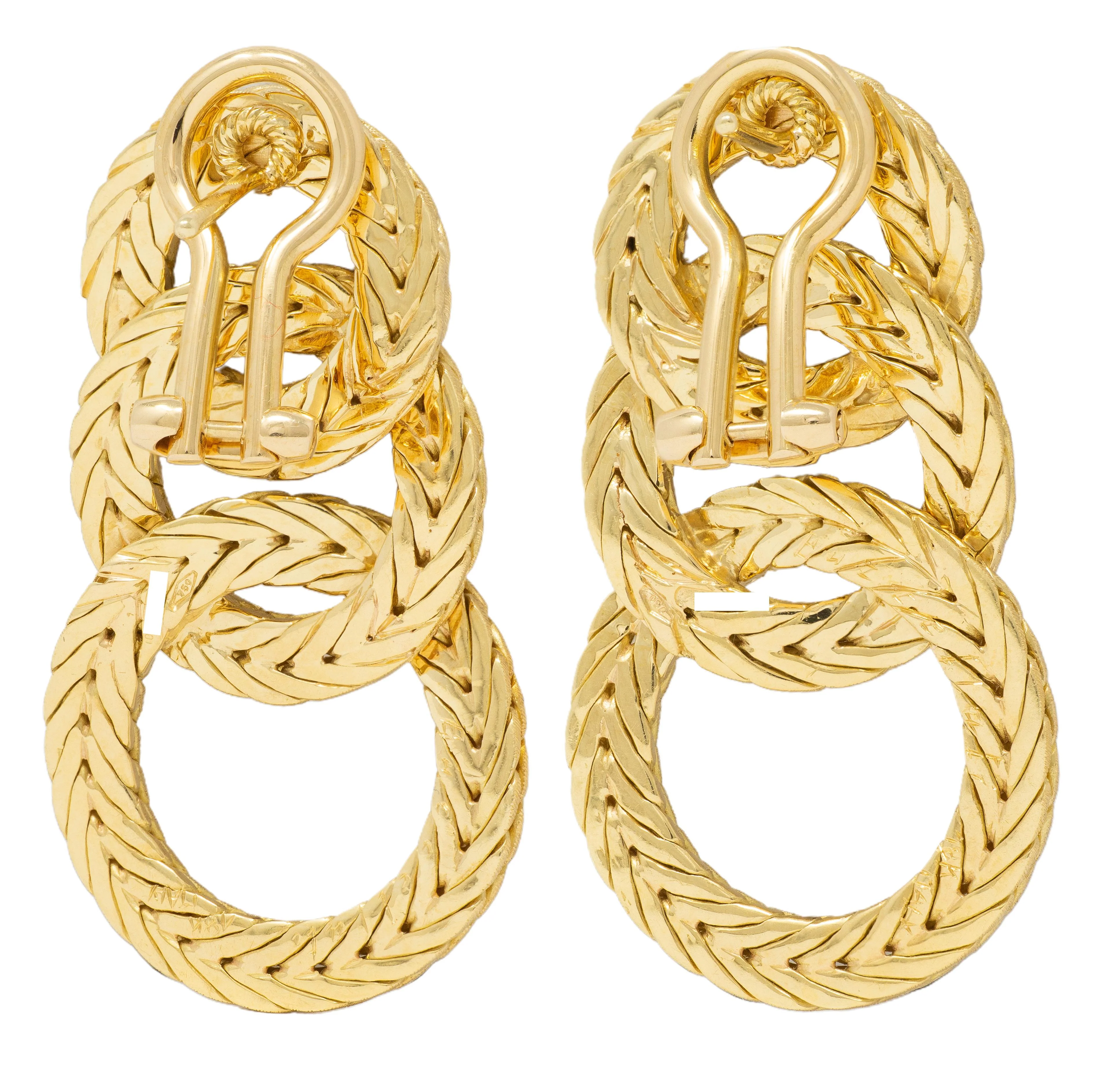 Buccellati 1970's 18 Karat Yellow Gold Vintage Herringbone Chain Triple Hoop Drop Earrings - Image 4