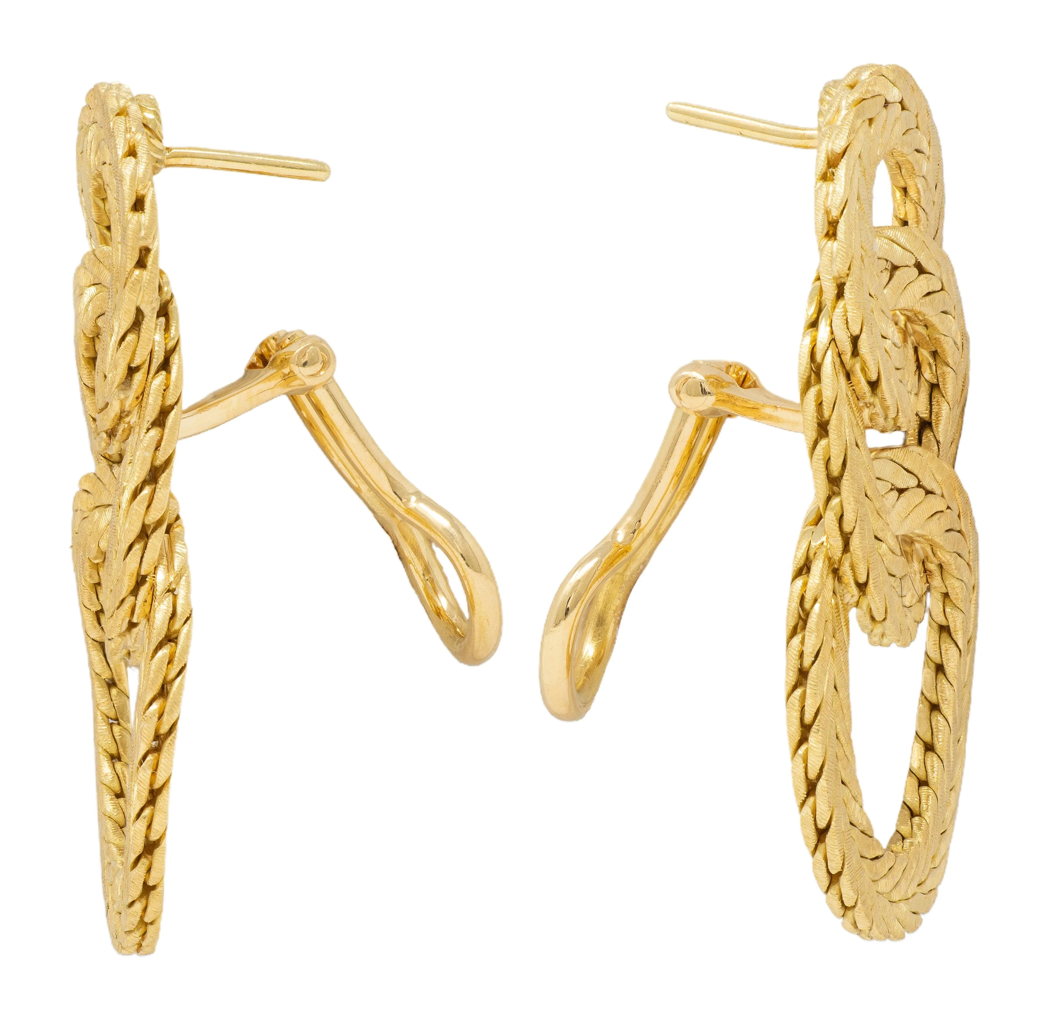 Buccellati 1970's 18 Karat Yellow Gold Vintage Herringbone Chain Triple Hoop Drop Earrings - Image 6