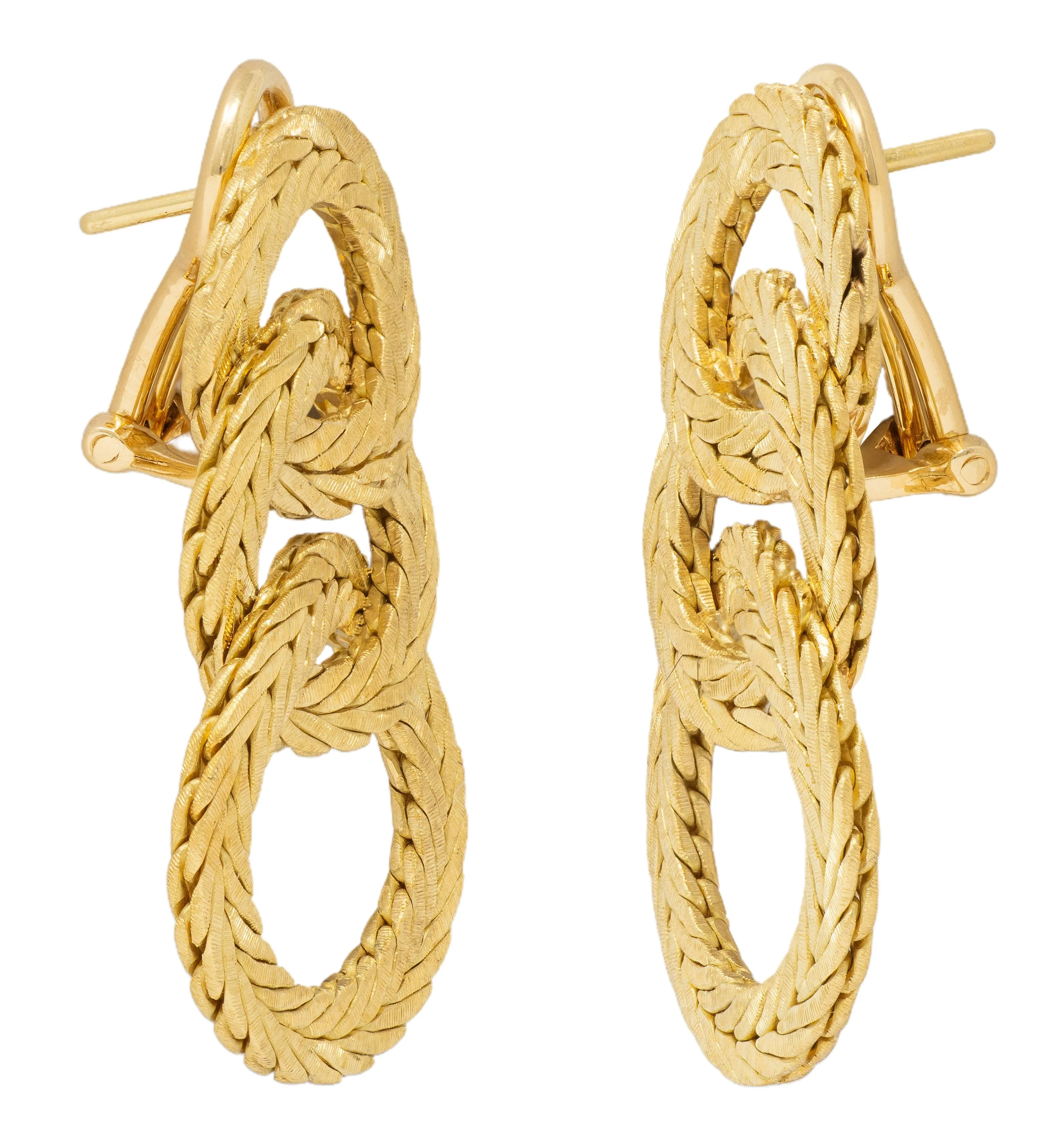 Buccellati 1970's 18 Karat Yellow Gold Vintage Herringbone Chain Triple Hoop Drop Earrings - Image 7