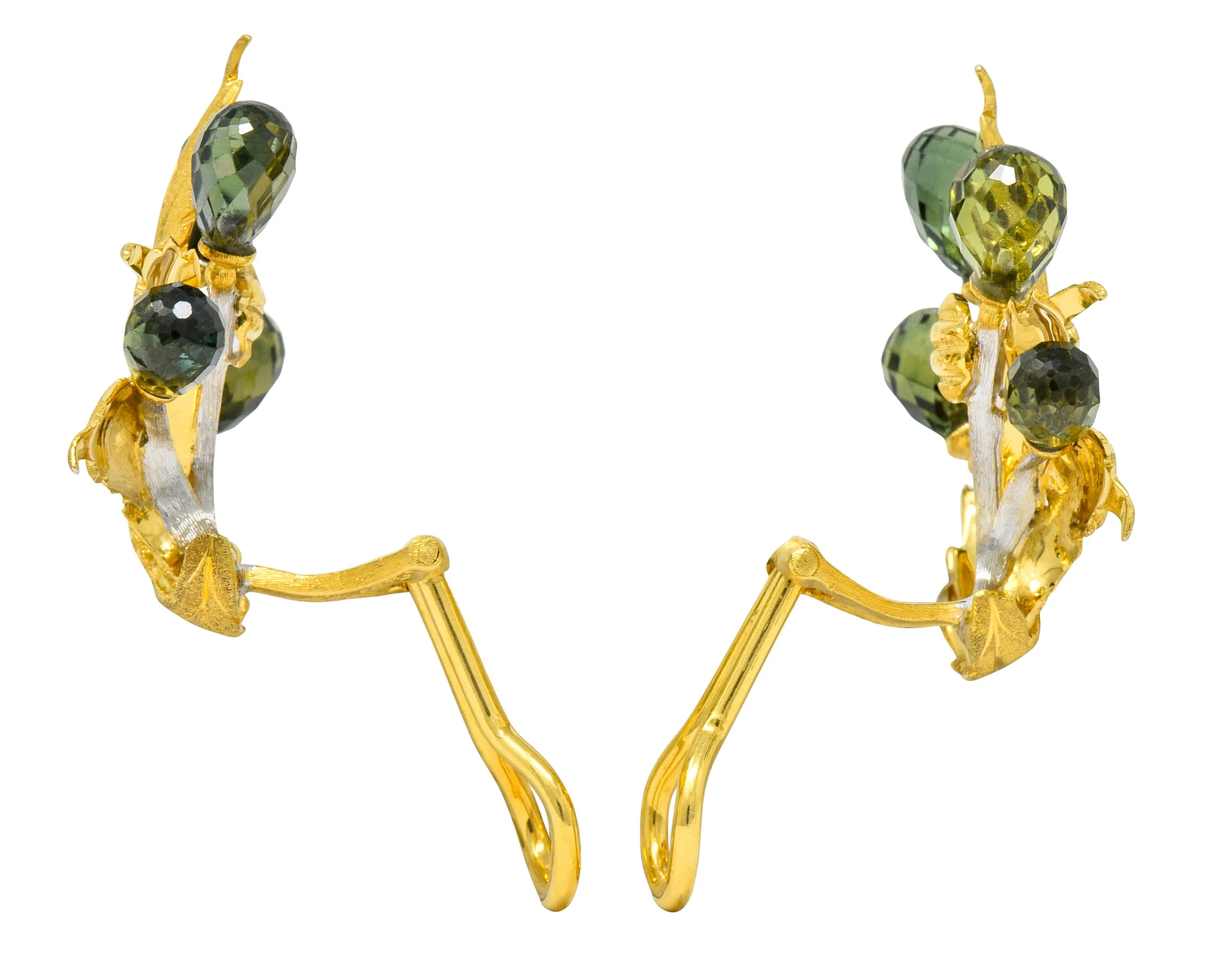 Buccellati Green Sapphire Briolette 18 Karat Two-Tone Gold Leaf Ear-Clip Earrings - Image 2