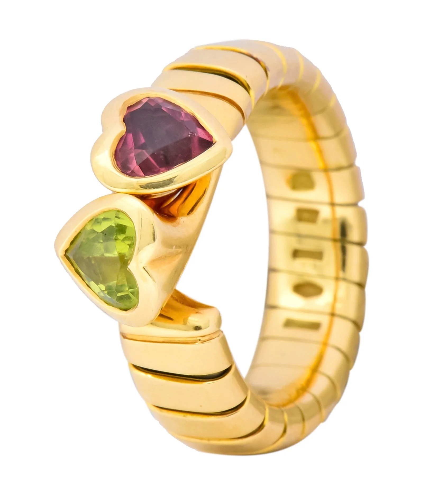 Bulgari 1.50 CTW Pink Tourmaline Peridot 18 Karat Yellow Gold Tubogas Heart Ring - Image 10