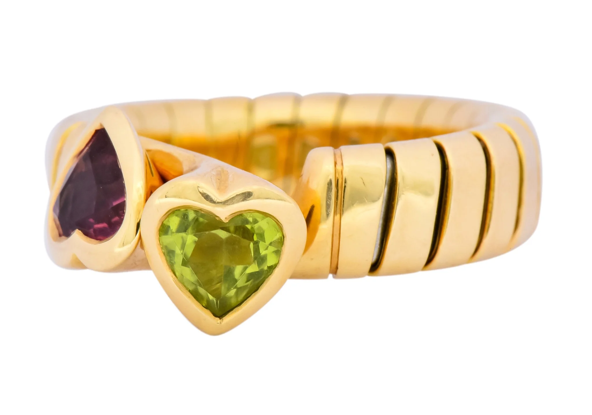 Bulgari 1.50 CTW Pink Tourmaline Peridot 18 Karat Yellow Gold Tubogas Heart Ring - Image 6