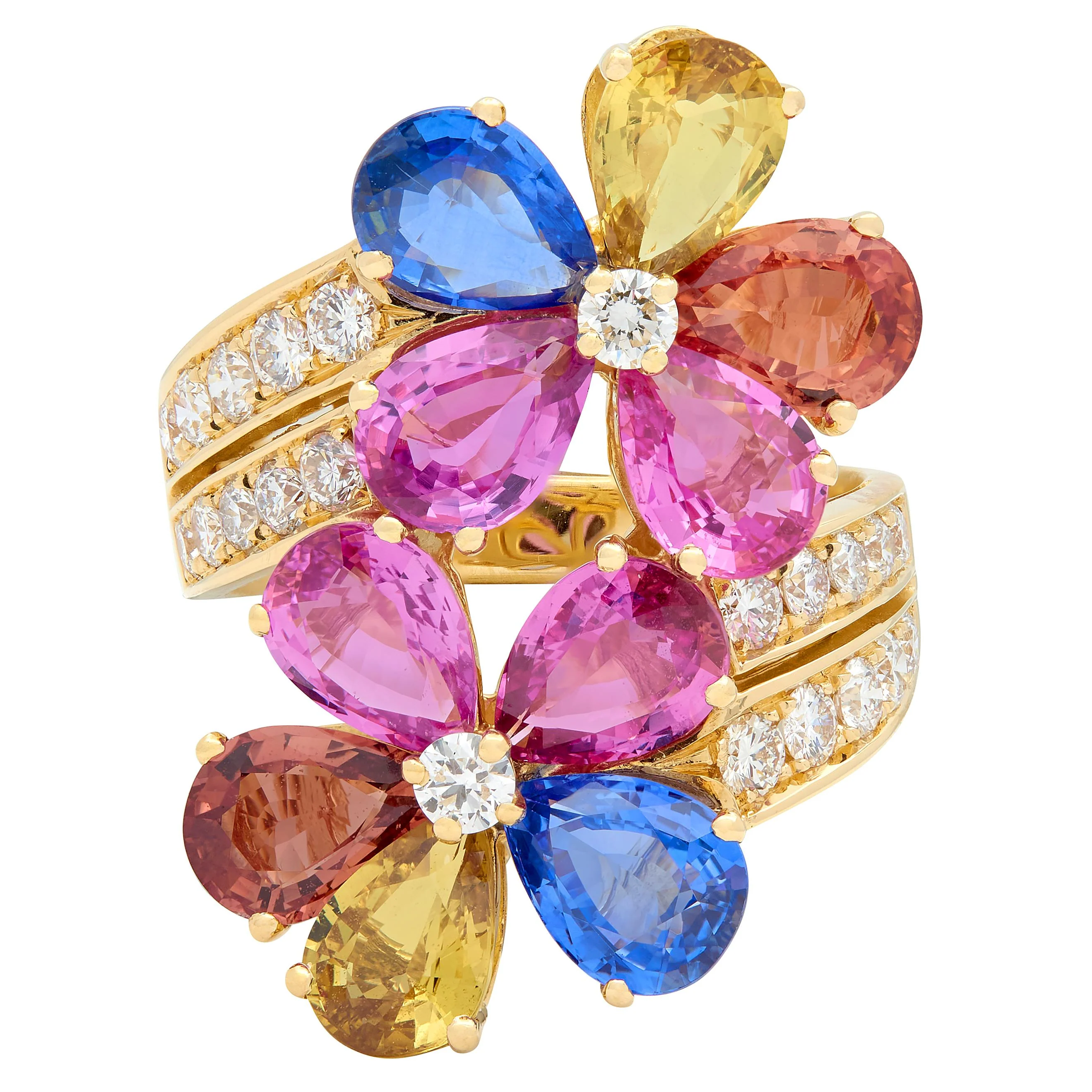 Bulgari 17.26 CTW Diamond Sapphire Flower 18 Karat Yellow Gold Contemporary Floral Bypass Ring