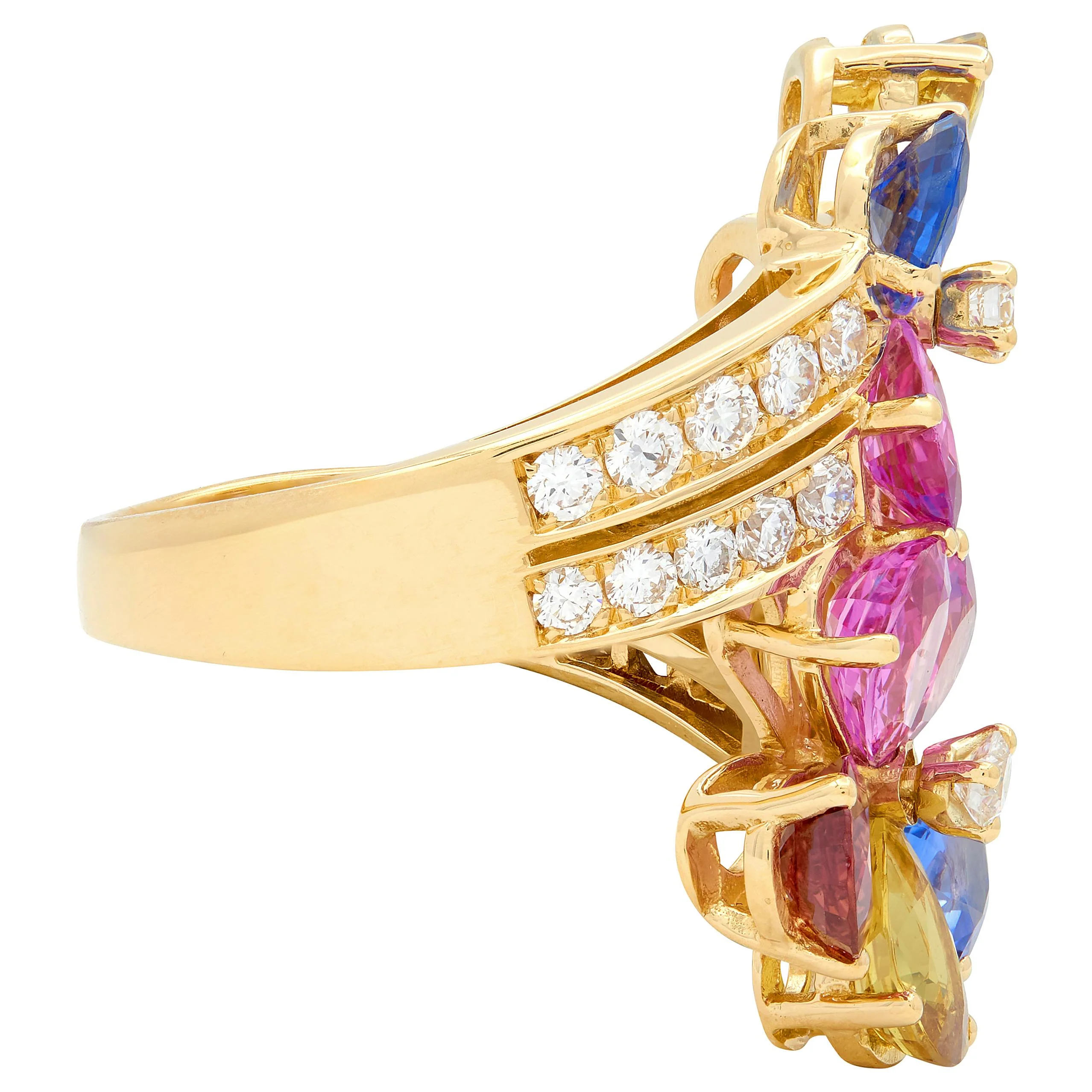 Bulgari 17.26 CTW Diamond Sapphire Flower 18 Karat Yellow Gold Contemporary Floral Bypass Ring - Image 3