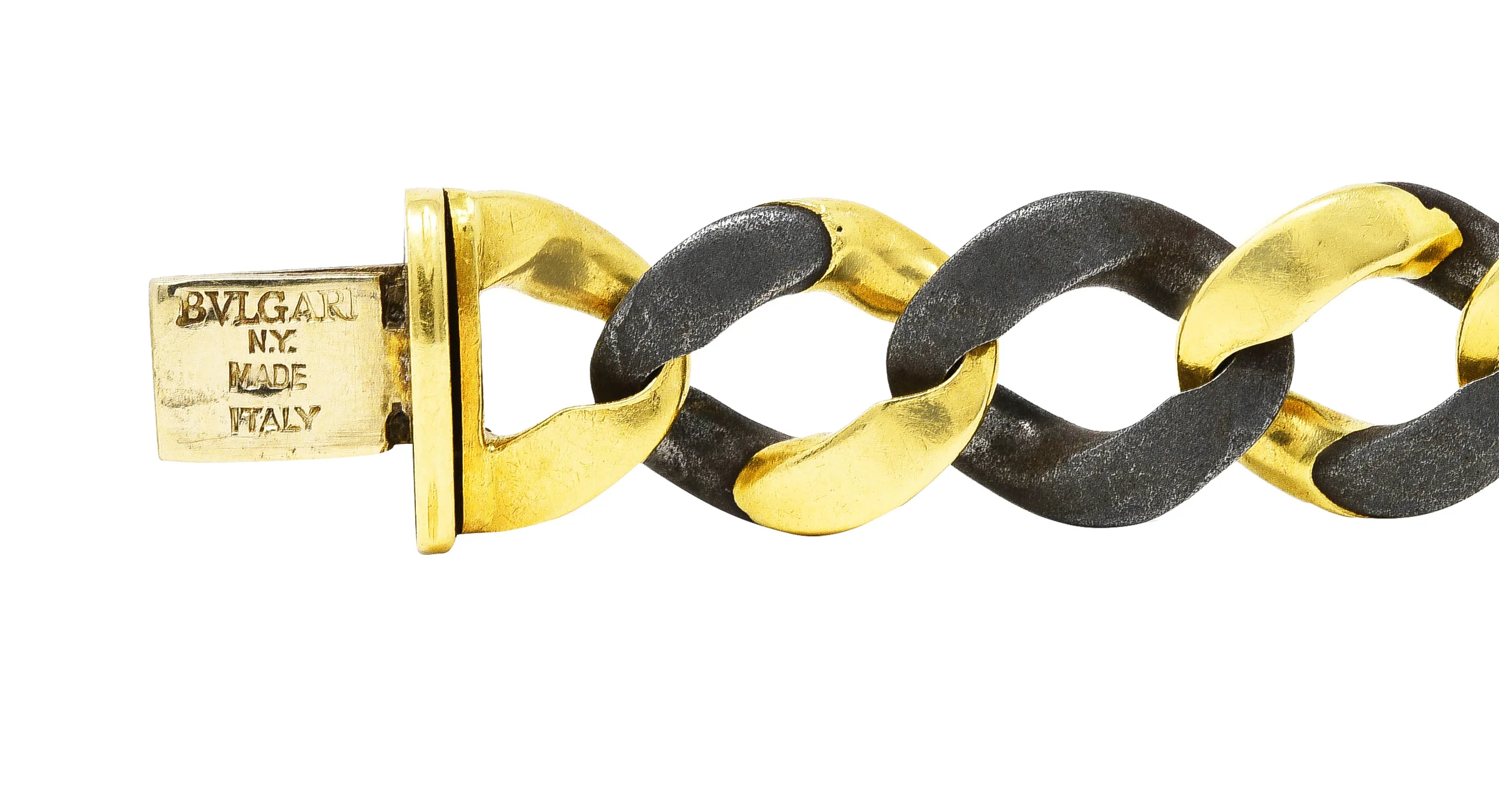 Bulgari 18 Karat Yellow Gold Steel Two-Tone Curb Link Chain Vintage Unisex Bracelet - Image 2
