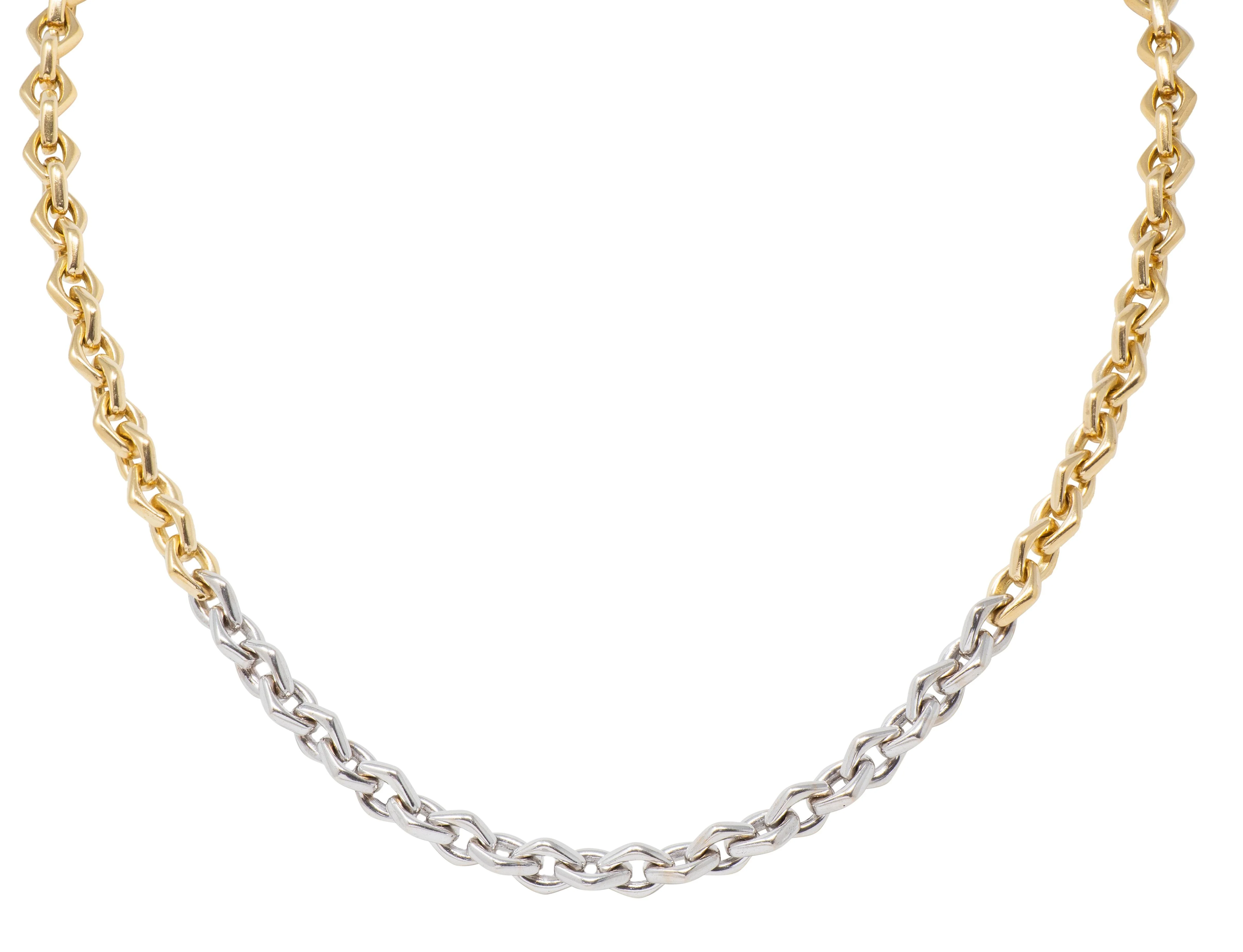 Bulgari 1970's 18 Karat Two-Tone Yellow White Gold Vintage Unisex Navette Chain Link Necklace