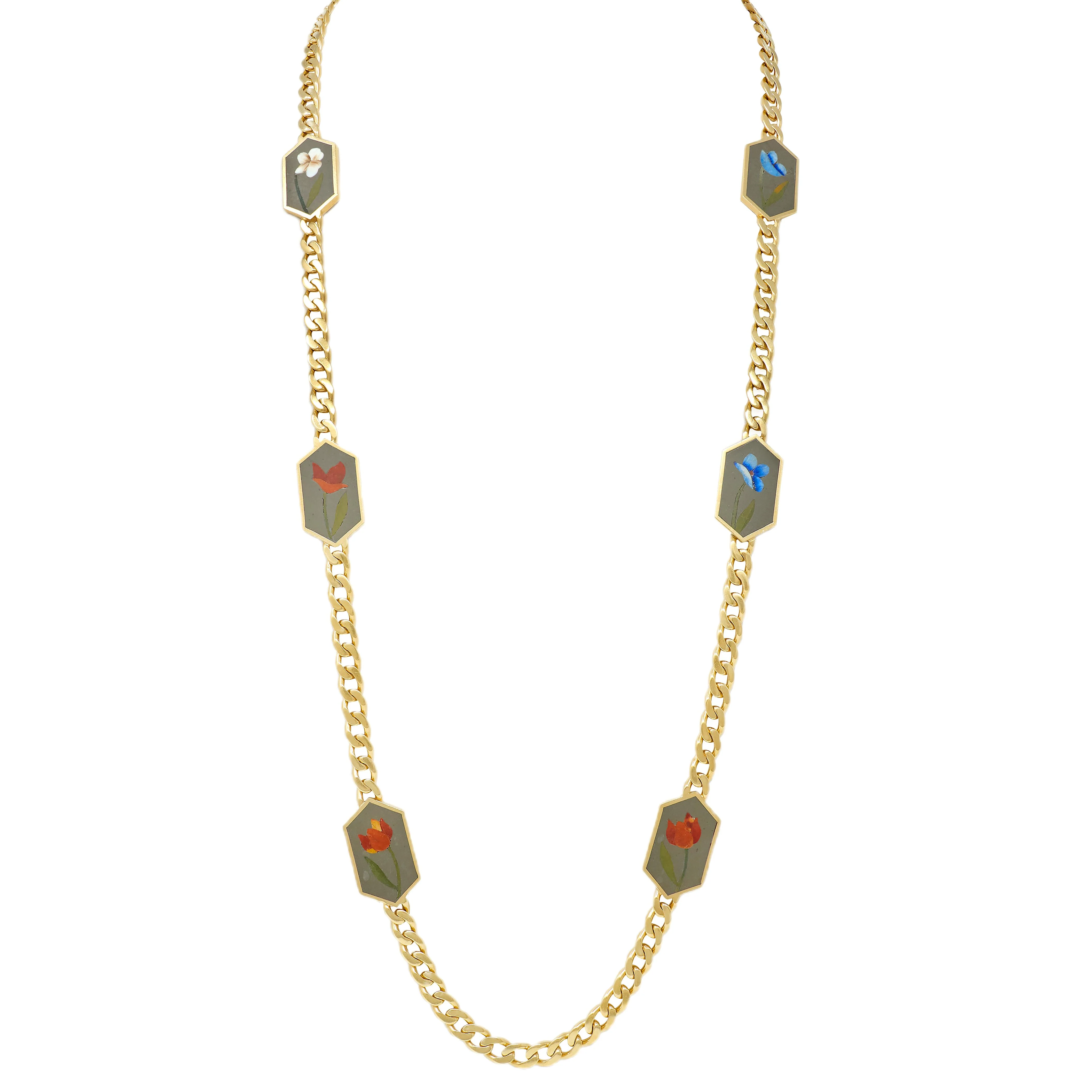 Bulgari 1970's Inlay Multi-Gem 18 Karat Yellow Gold Vintage Curb Link Chain Floral Station Necklace